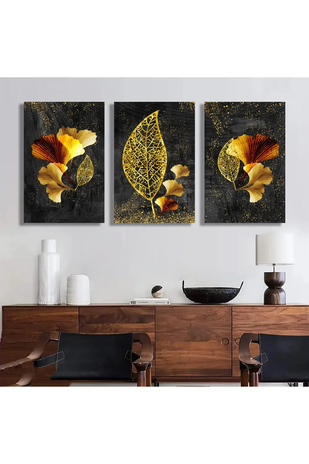 Modern resim arka planında 3d altın ağaç yaprakları.3'lü Kanvas T