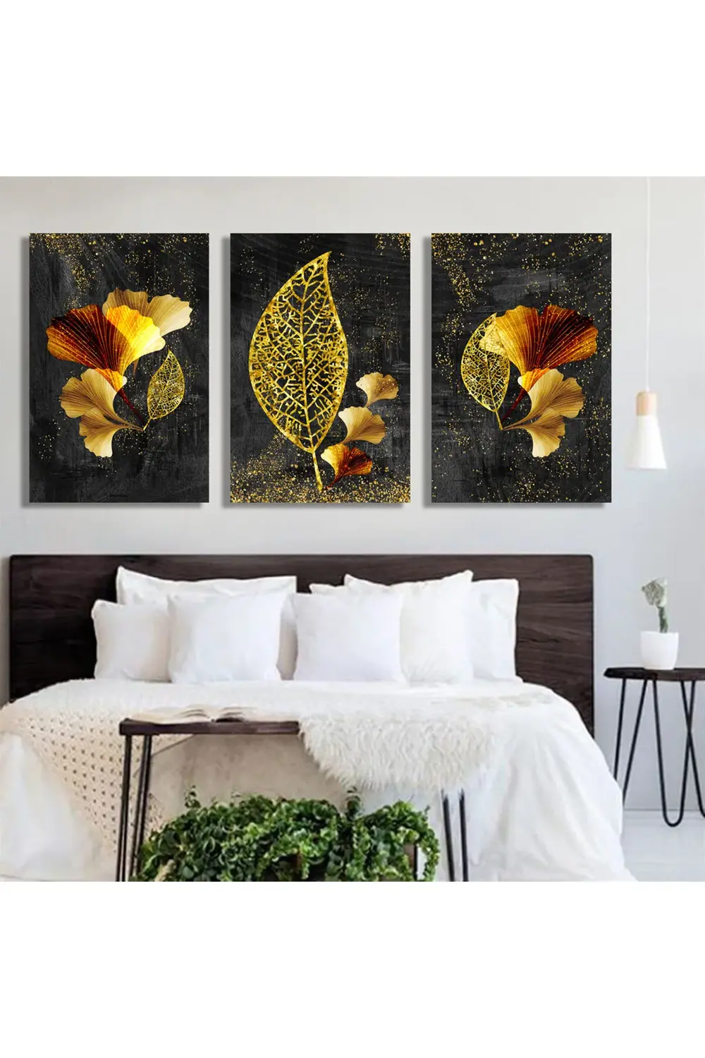 Modern resim arka planında 3d altın ağaç yaprakları.3'lü Kanvas T