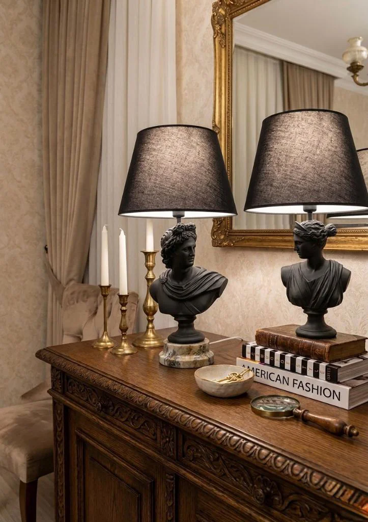 Modern Siyah Büst Abajur Yunan Tanrısı Diana Apollo 2 Li Heykel  