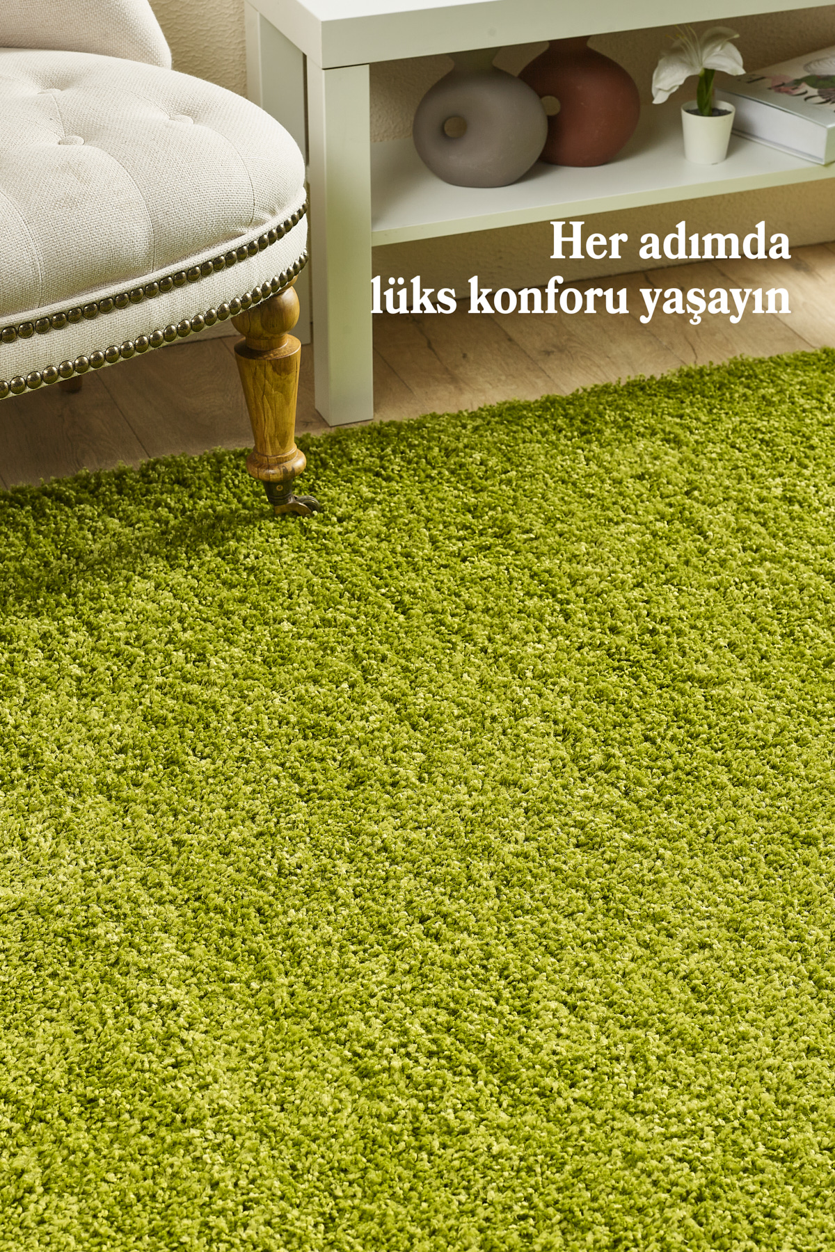 Anaska Home Modern Tasarim Uzun Tüylü Peluş Yeşil Shaggy Oturma Odasi Salon B