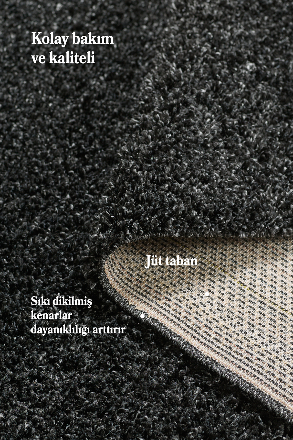 Anaska Home Modern Tasarım Uzun Tüylü Peluş Antrasit Shaggy Oturma Odası Salo