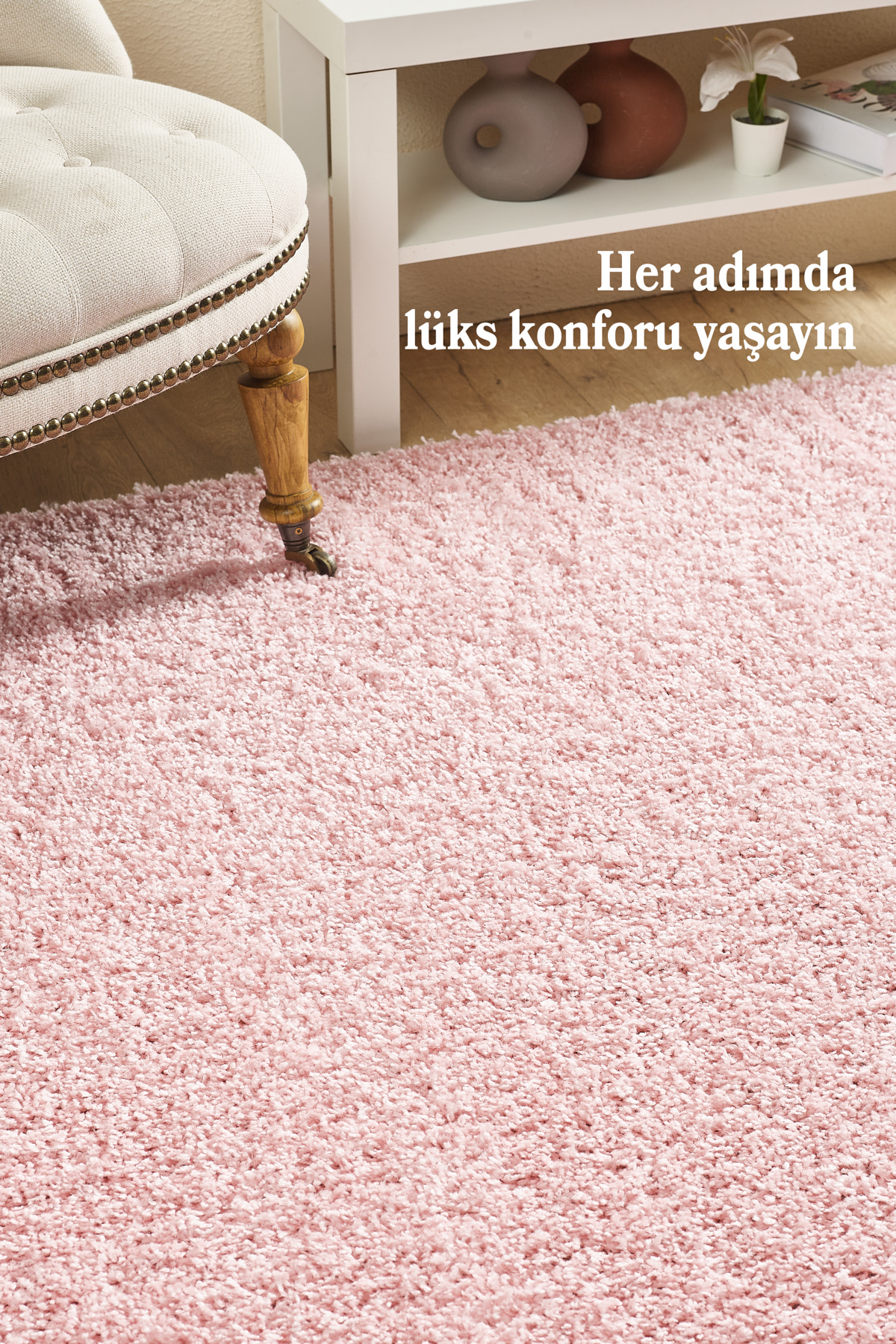 Anaska Home Modern Tasarım Uzun Tüylü Peluş Pembe Shaggy Oturma Odası Salon B