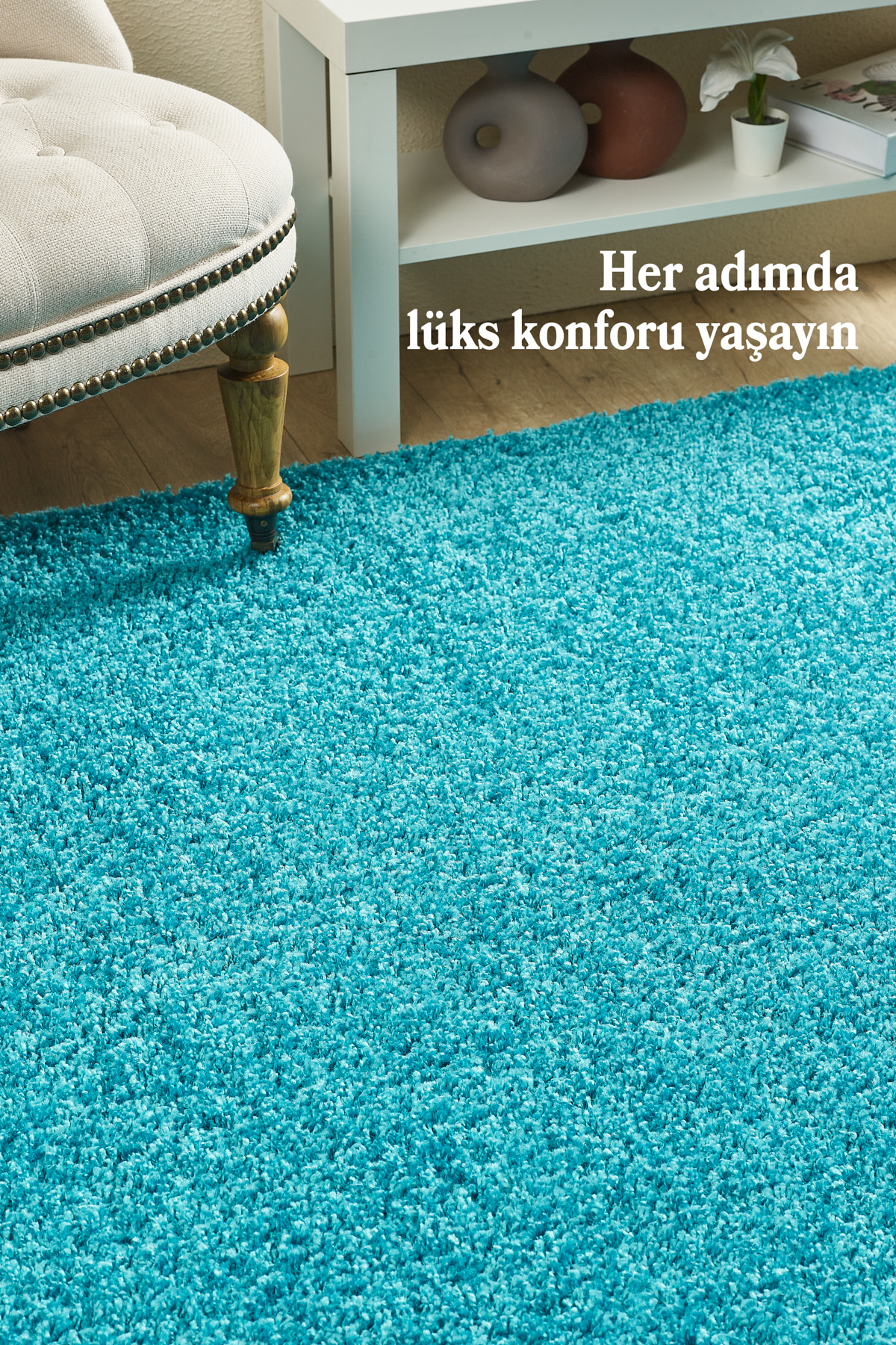 Anaska Home Modern Tasarım Uzun Tüylü Peluş Turkuaz Shaggy Oturma Odası Salon