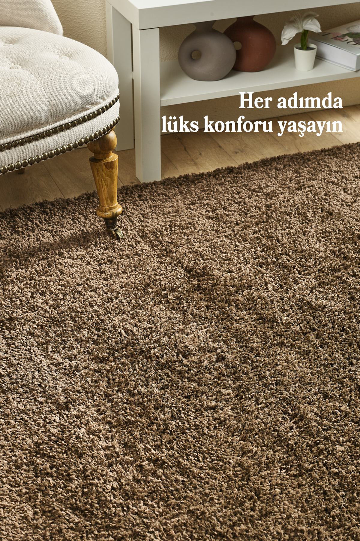 Anaska Home Modern Tasarım Uzun Tüylü Peluş Kahverengi Shaggy Oturma Odası Sa