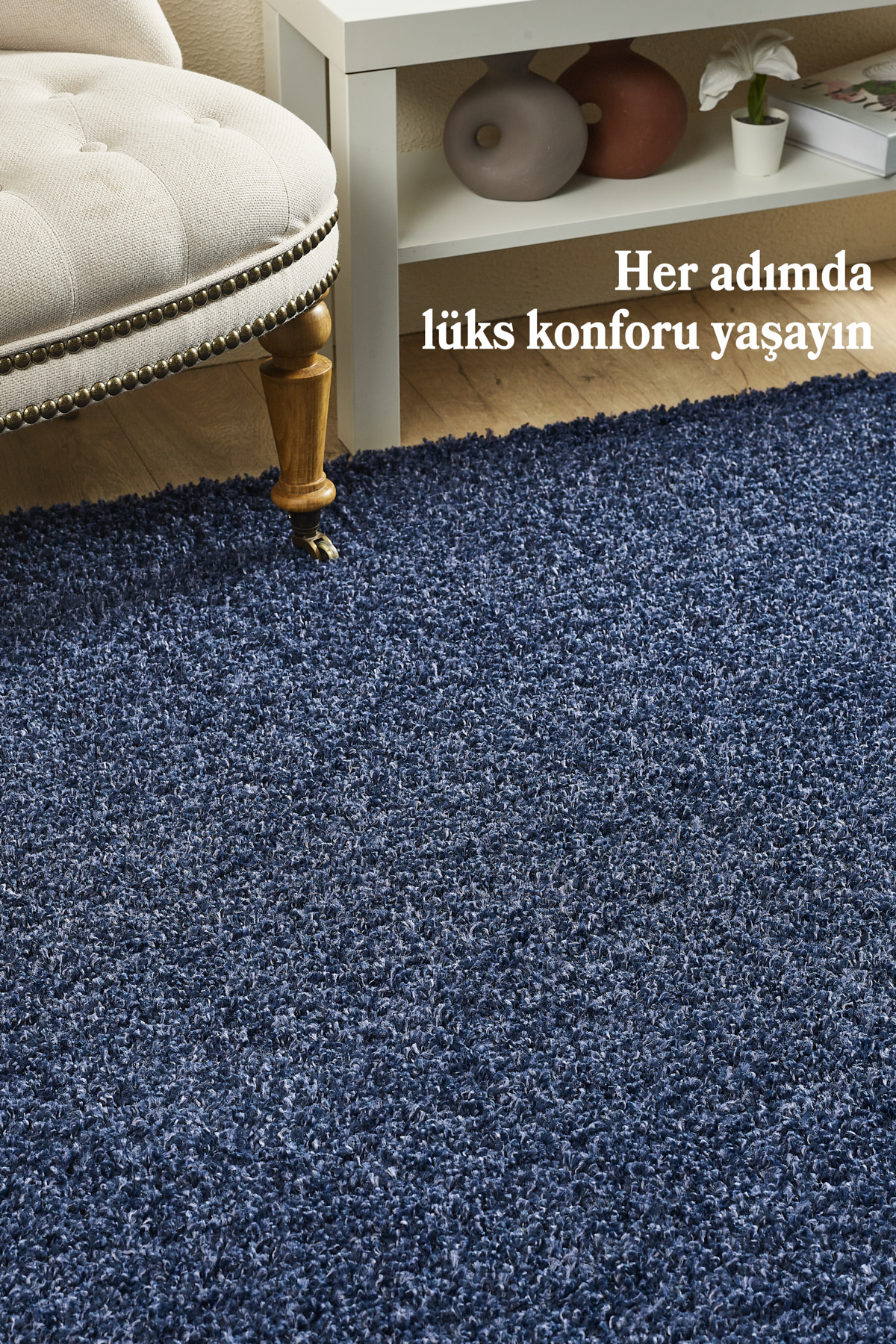 Anaska Home Modern Tasarım Uzun Tüylü Peluş Lacivert Shaggy Oturma Odası Salo