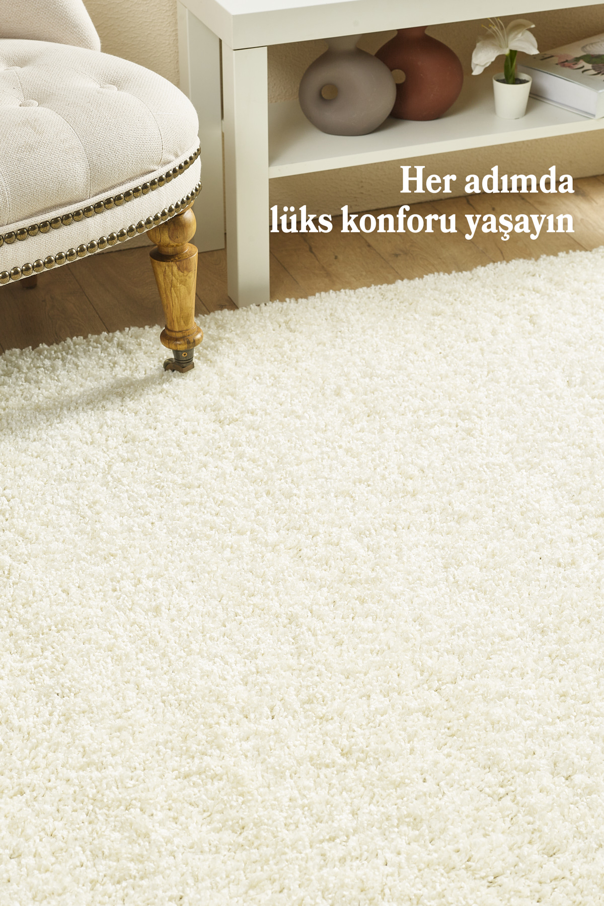 Anaska Home Modern Tasarım Uzun Tüylü Peluş Krem Shaggy Oturma Odası Salon Be