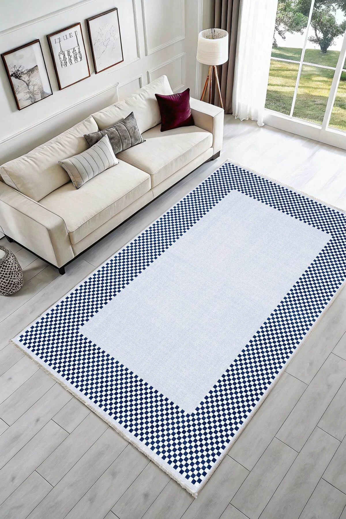 Modern Tasarım Mavi Lacivert Çerçeveli Şönil Halı Kilim Yolluk Kaymaz Yıkanabilir Modern Tasarım Mavi Lacivert Çerçeveli Şönil Halı Kilim Yolluk Kaymaz Yıkanabilir