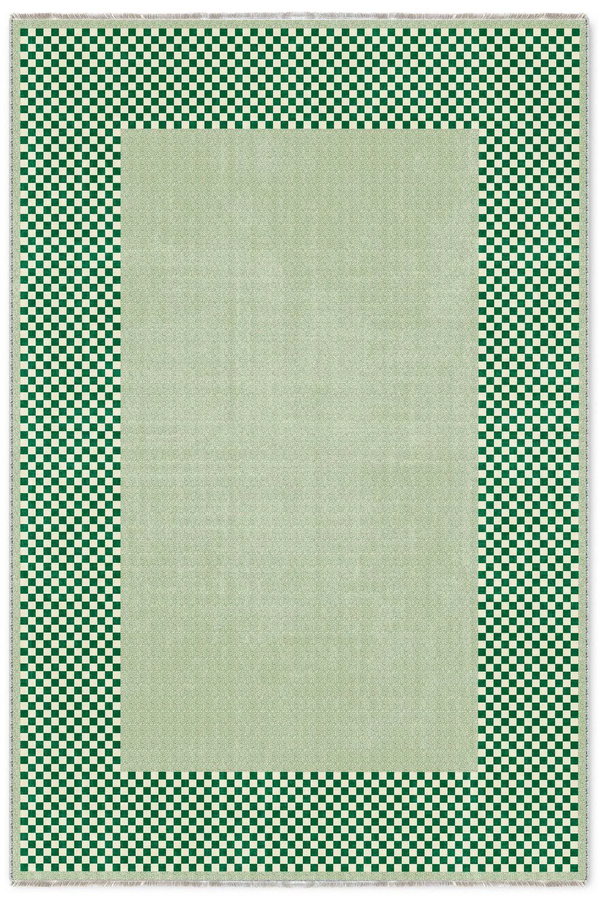 Modern Tasarım Yeşil Şönil Halı Kilim Yolluk Kaymaz Yıkanabilir M