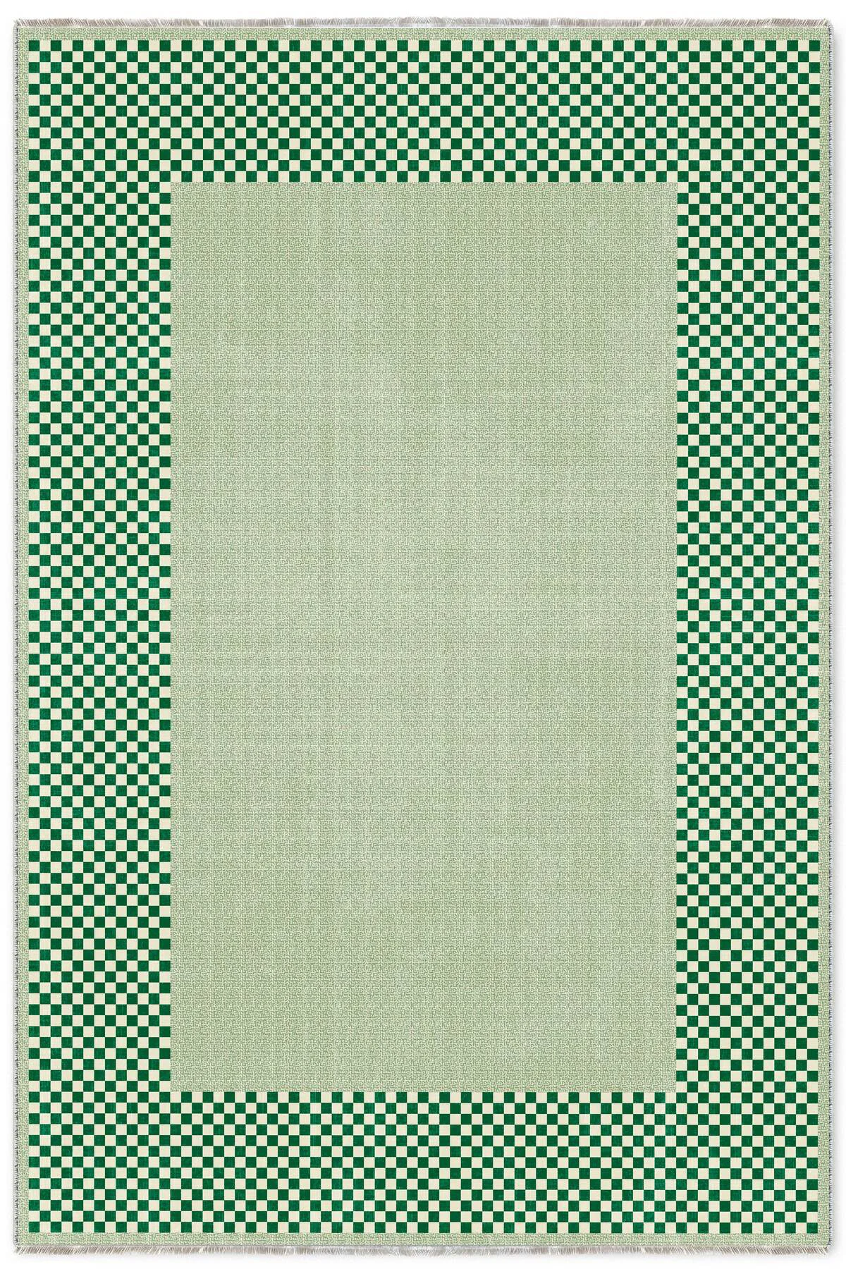 Modern Tasarım Yeşil Şönil Halı Kilim Yolluk Kaymaz Yıkanabilir M