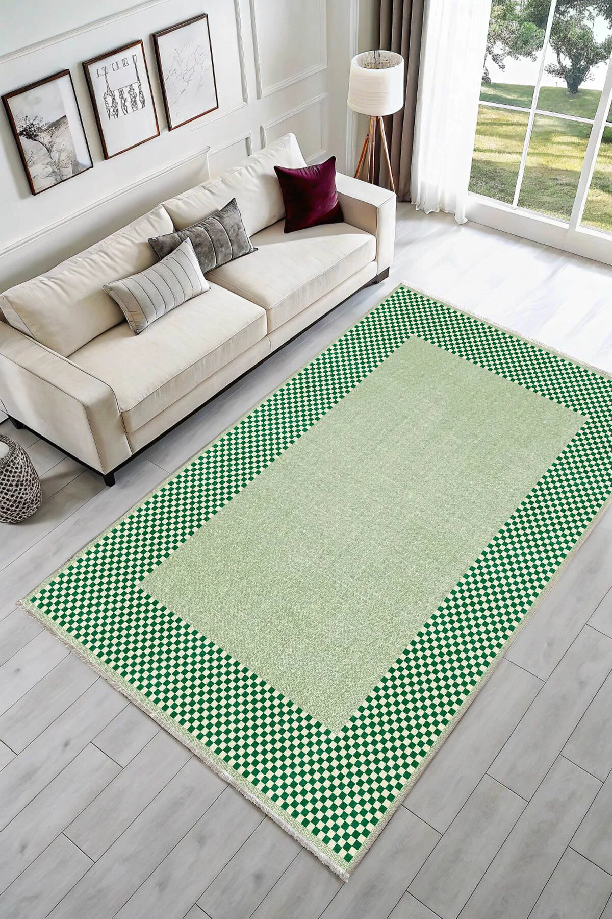 Modern Tasarım Yeşil Şönil Halı Kilim Yolluk Kaymaz Yıkanabilir M