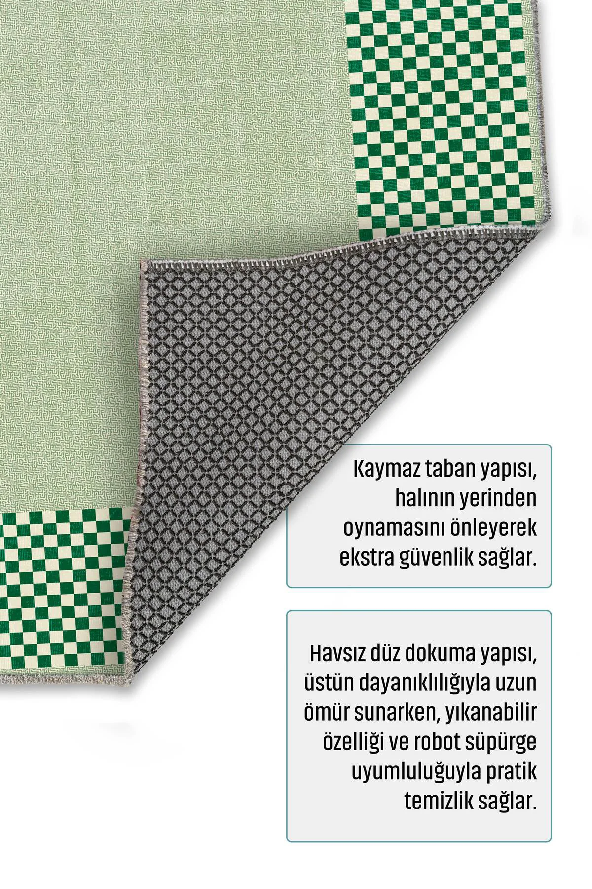 Modern Tasarım Yeşil Şönil Halı Kilim Yolluk Kaymaz Yıkanabilir M