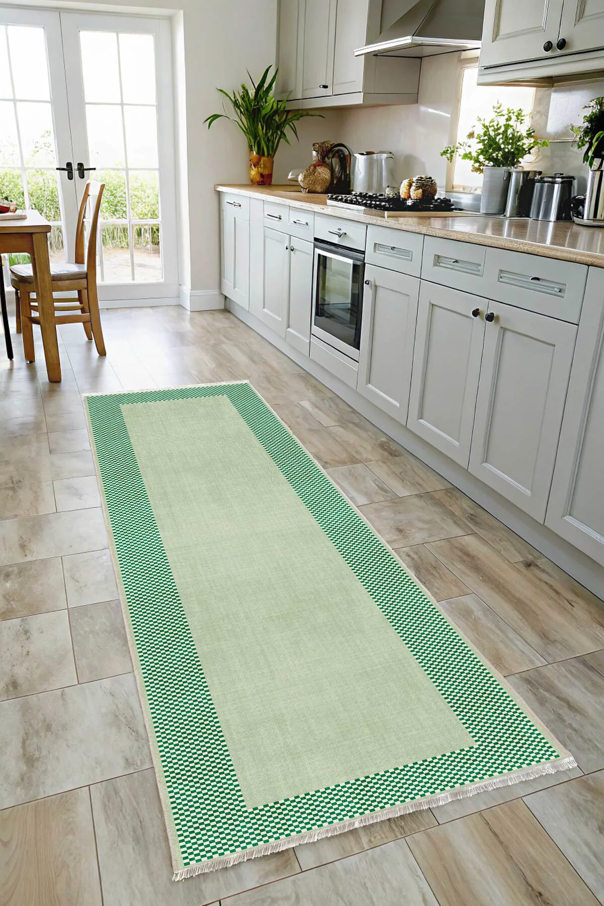 Modern Tasarım Yeşil Şönil Halı Kilim Yolluk Kaymaz Yıkanabilir M