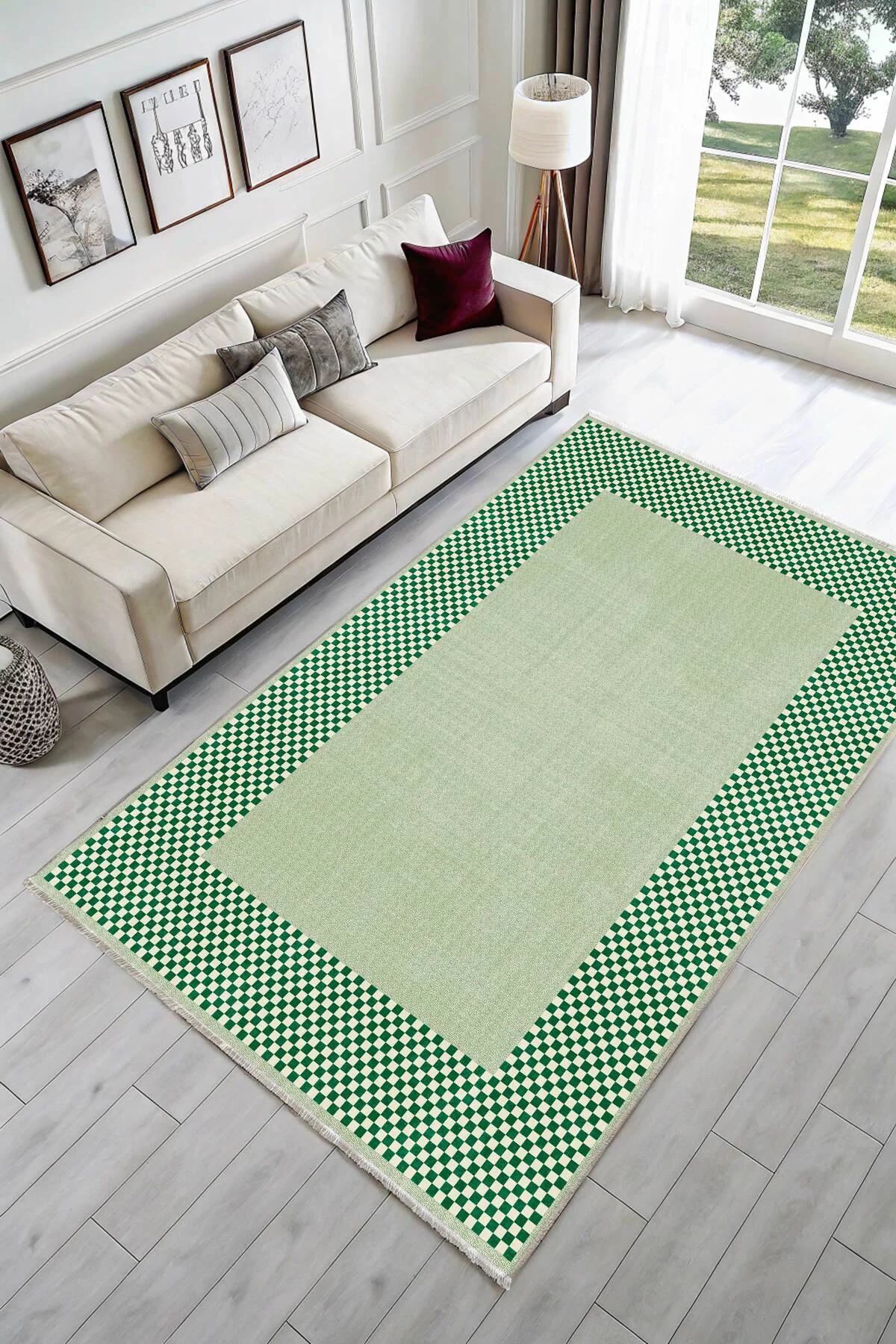 Modern Tasarım Yeşil Şönil Halı Kilim Yolluk Kaymaz Yıkanabilir M