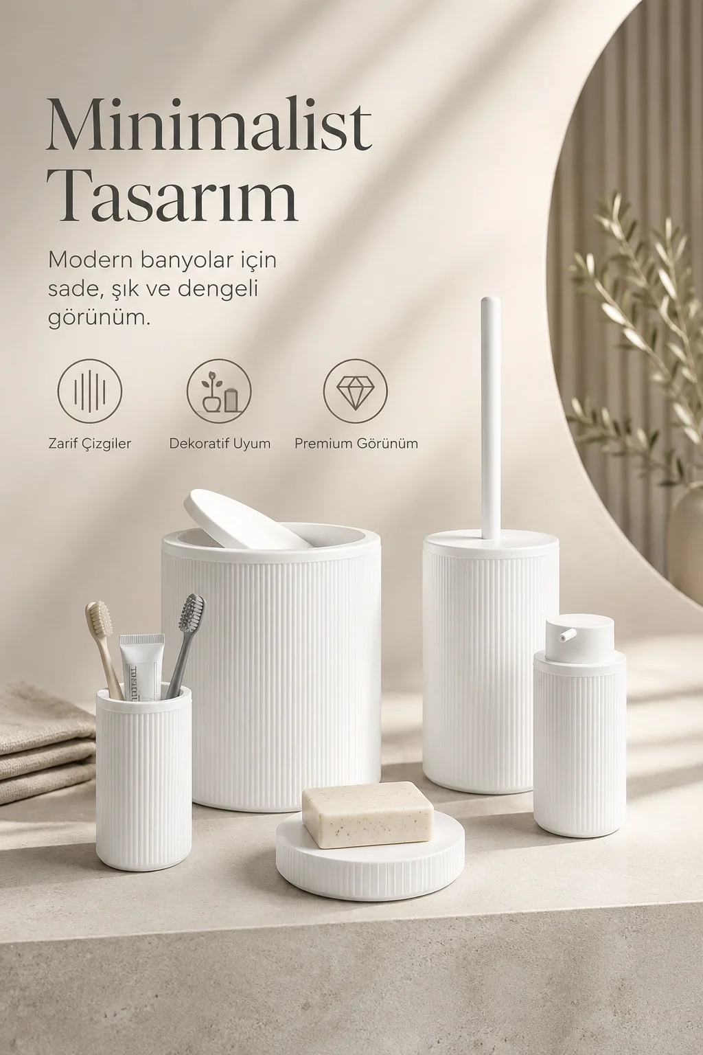 Modern Tasarımlı 5 Parça Banyo Aksesuar Seti Beyaz Renk Sabunluk ve Fırçalık Dahil