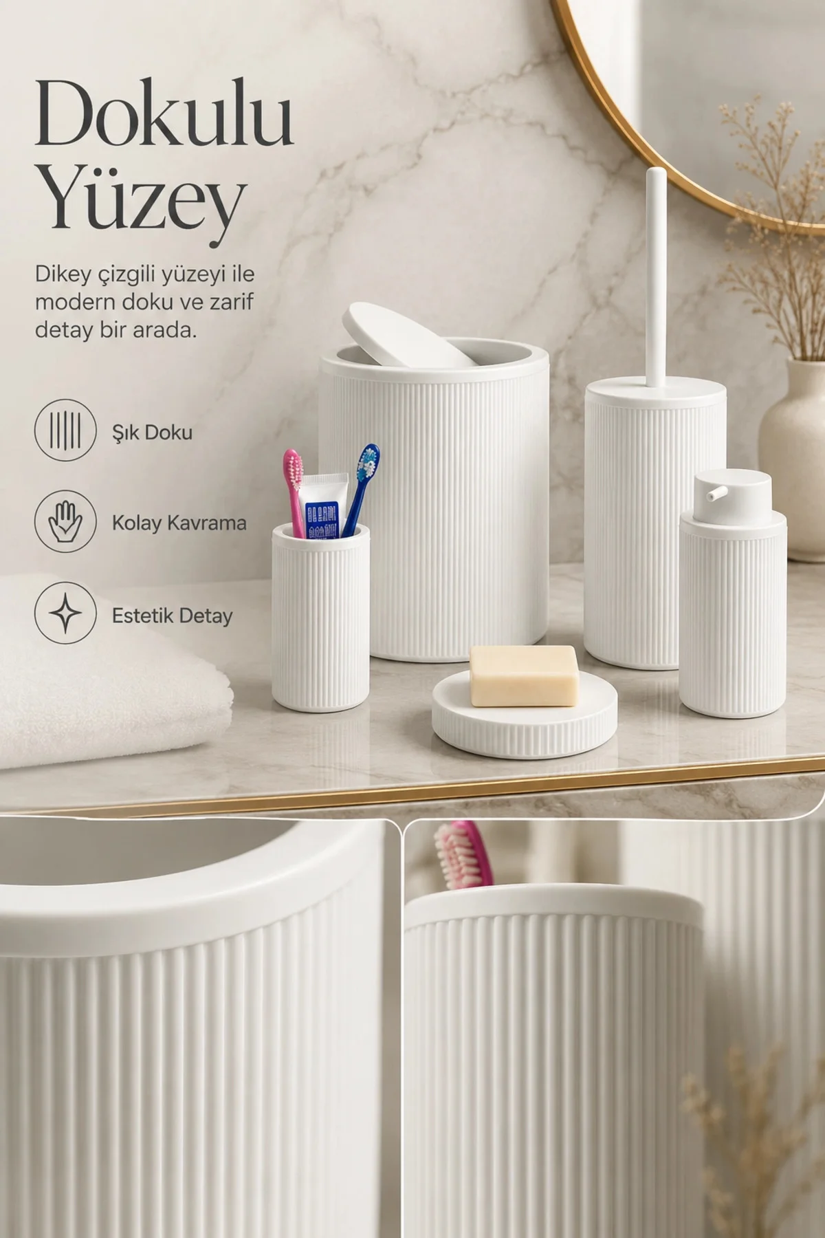 Modern Tasarımlı 5 Parça Banyo Aksesuar Seti Beyaz Renk Sabunluk 