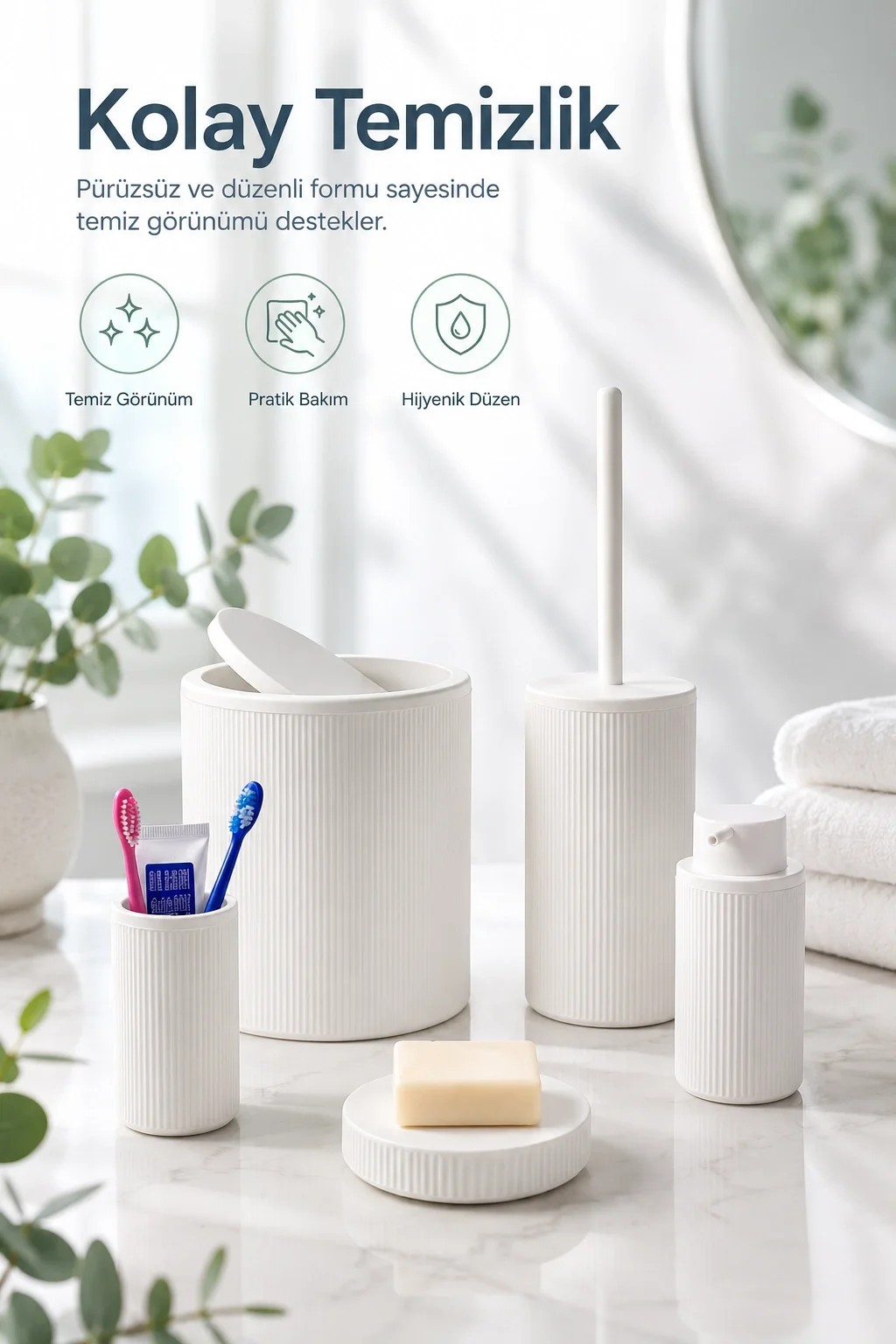 Modern Tasarımlı 5 Parça Banyo Aksesuar Seti Beyaz Renk Sabunluk ve Fırçalık Dahil