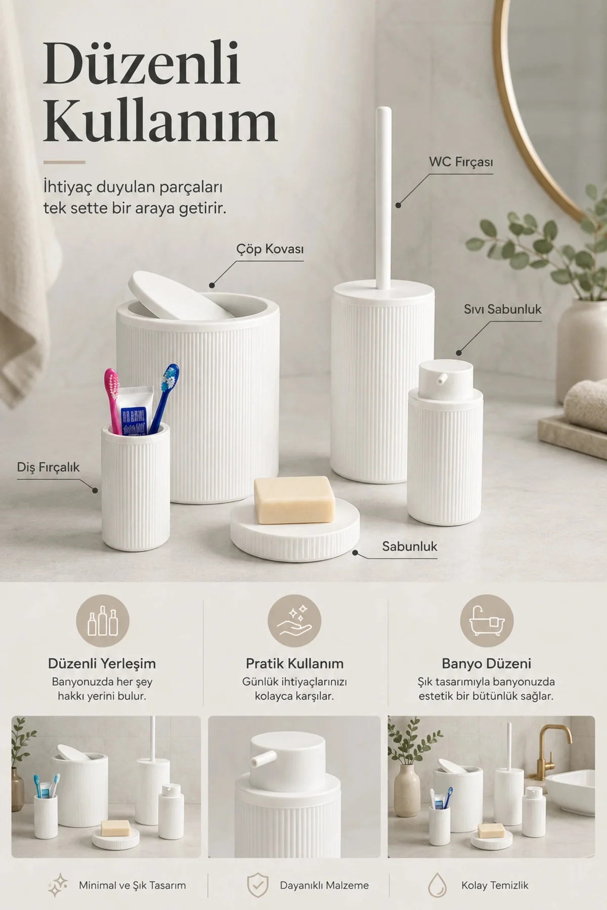 Modern Tasarımlı 5 Parça Banyo Aksesuar Seti Beyaz Renk Sabunluk 