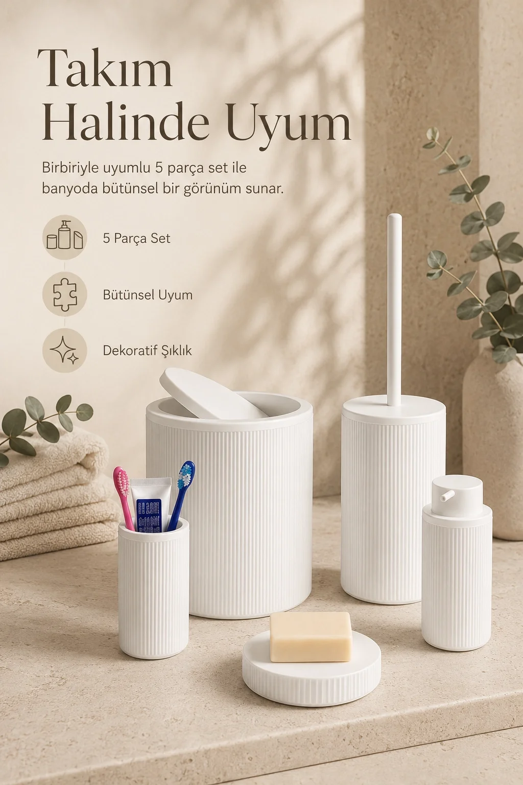 Modern Tasarımlı 5 Parça Banyo Aksesuar Seti Beyaz Renk Sabunluk ve Fırçalık Dahil