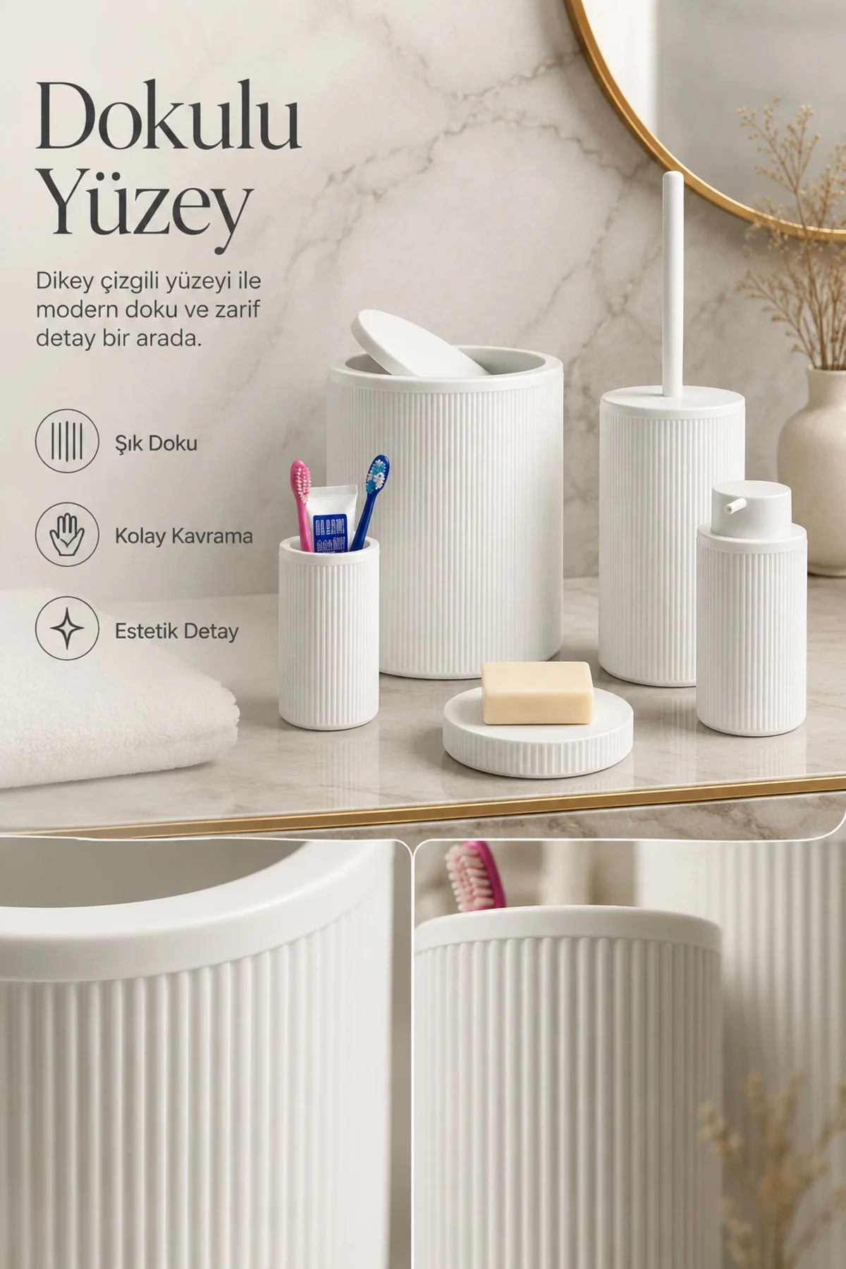 Modern Tasarımlı 5 Parça Banyo Aksesuar Seti Beyaz Renk Sabunluk 