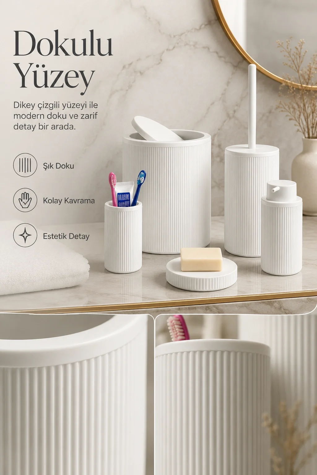Modern Tasarımlı 5 Parça Banyo Aksesuar Seti Beyaz Renk Sabunluk ve Fırçalık Dahil