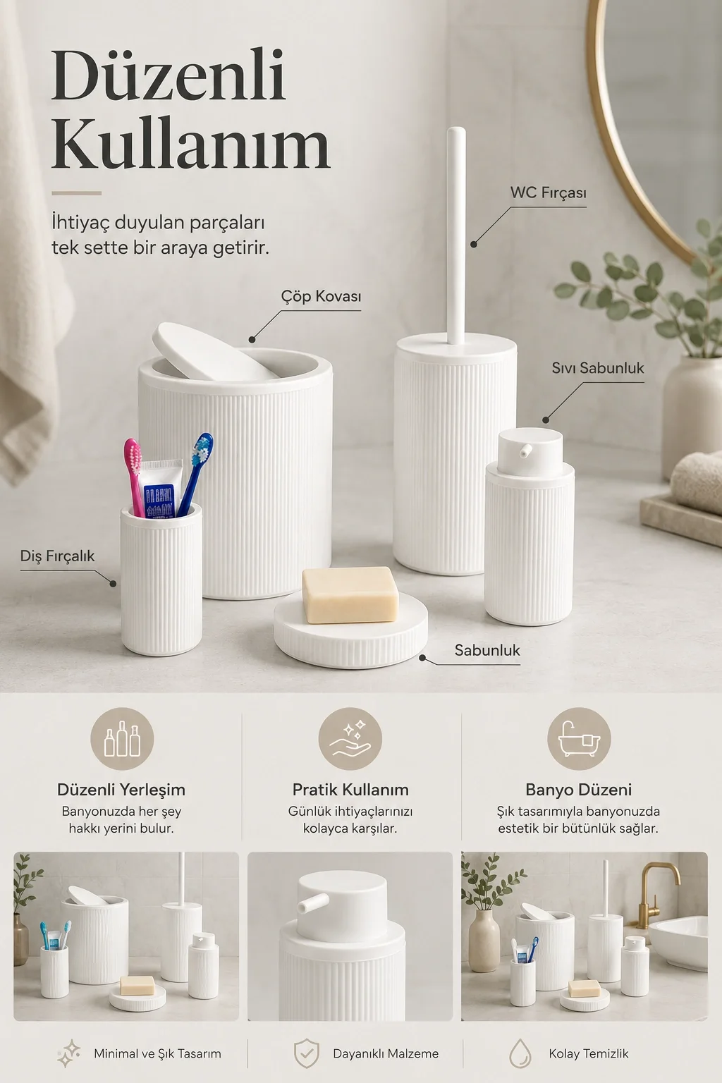 Modern Tasarımlı 5 Parça Banyo Aksesuar Seti Beyaz Renk Sabunluk ve Fırçalık Dahil