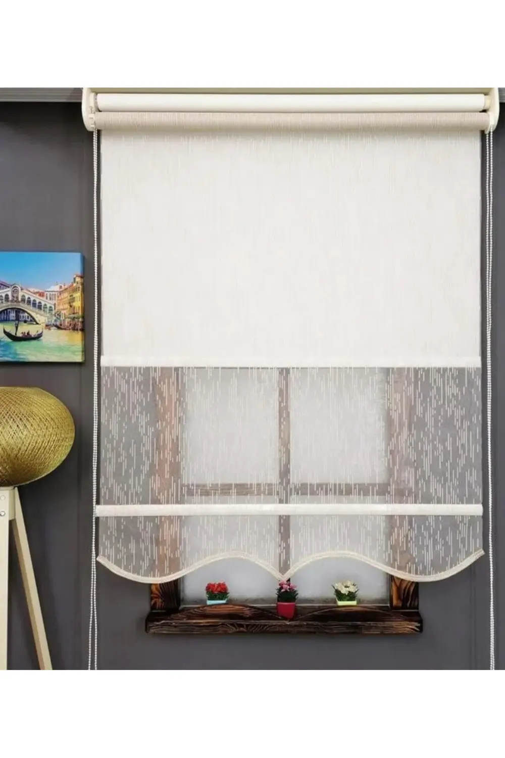 Modern Yağmur Desen Çiftli Sistem Mekanizmalı Tül ve Stor Perde A