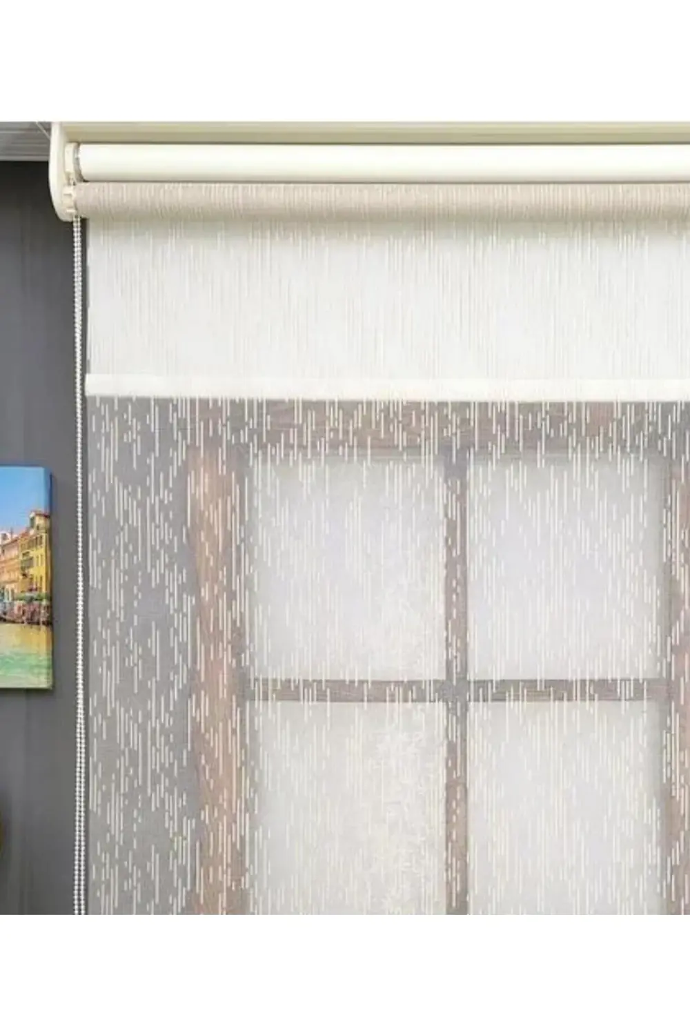 Modern Yağmur Desen Çiftli Sistem Mekanizmalı Tül ve Stor Perde A