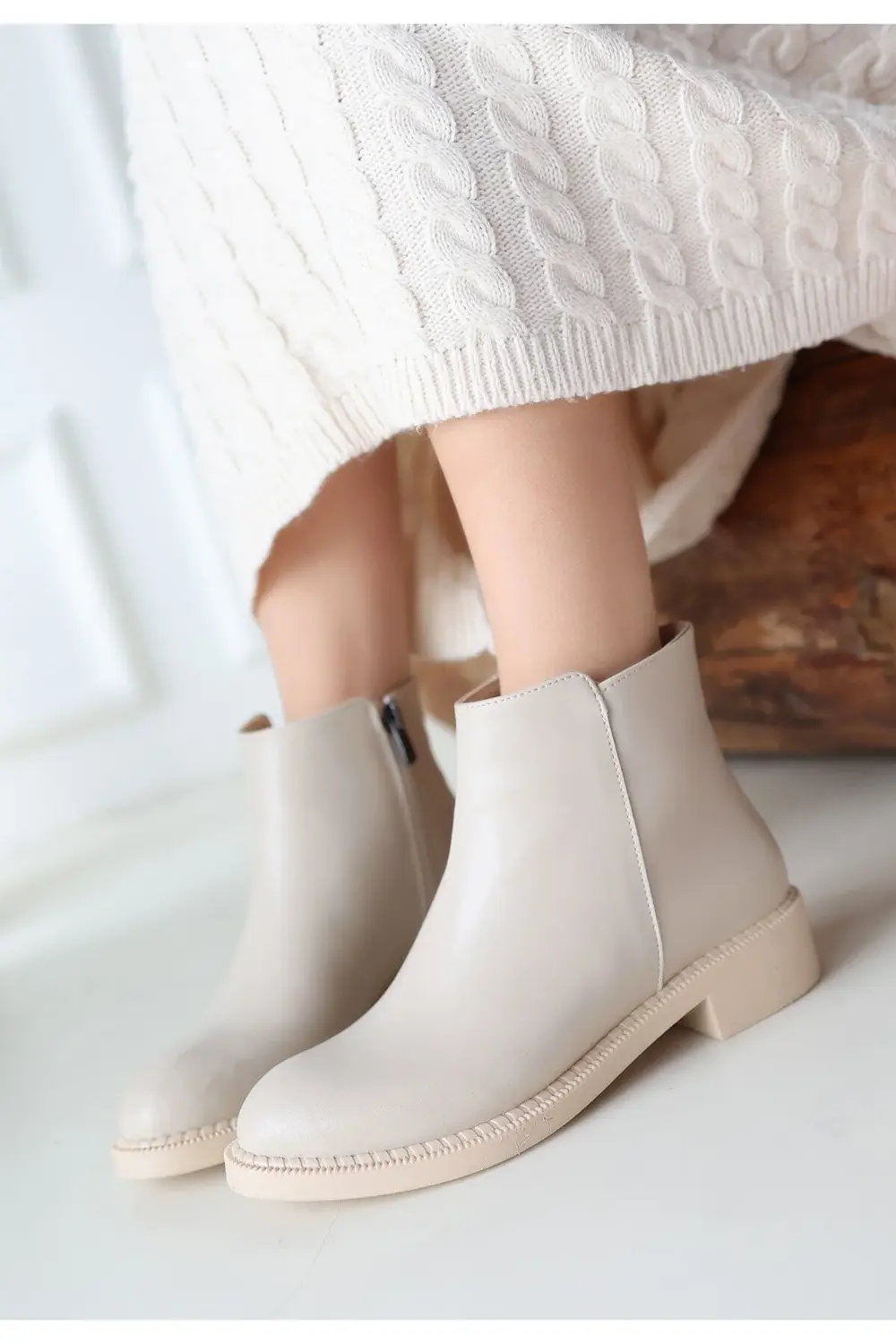 Moed Bej Cilt Topuklu Bot Moed Bej Cilt Topuklu Bot