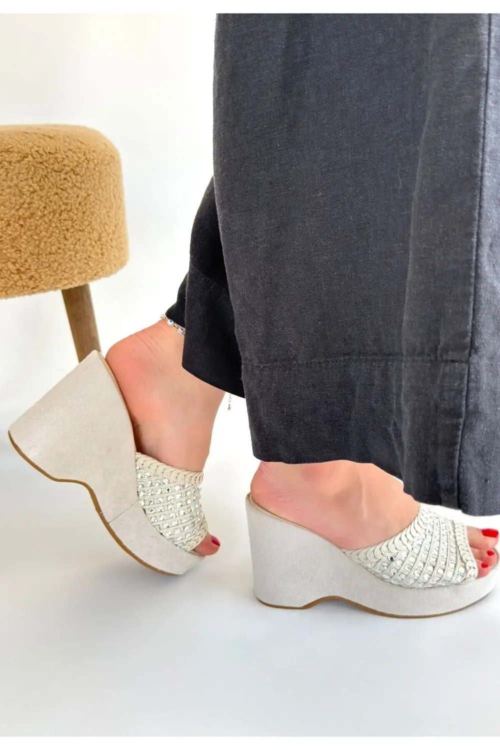 Moka Bej Triko Dolgu Topuk Terlik