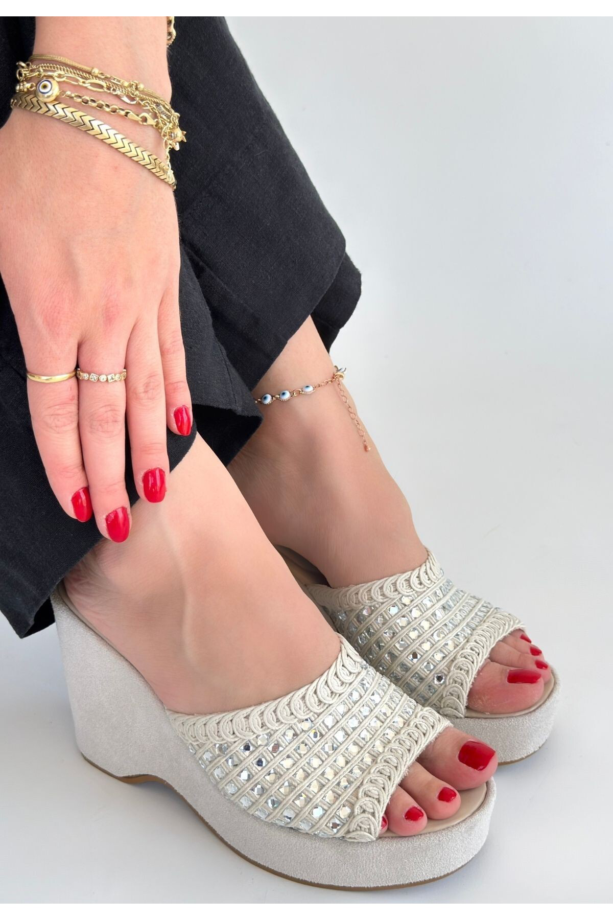 Erbilden Moka Bej Triko Dolgu Topuk Terlik