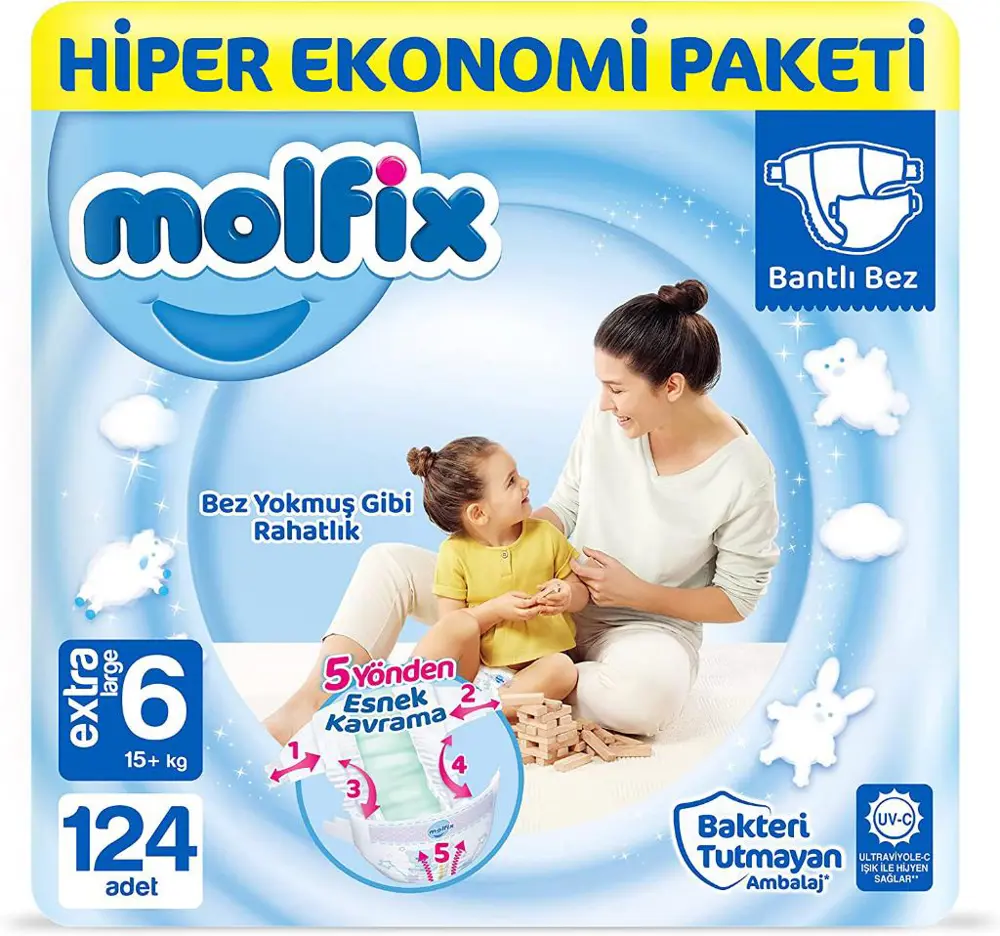 Molfix Bebek Bezi 6 Beden E. Large Ultra Ekonomi Paketi 124 Adet 