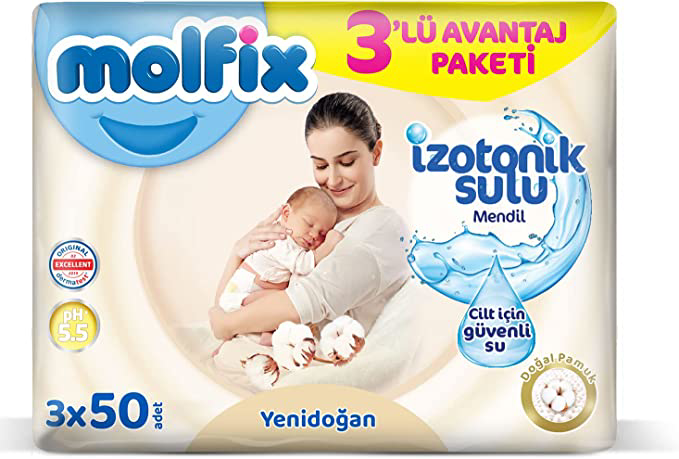Molfix Yenidoğan İzotonik Sulu Doğal Pamuk Islak Havlu Mendil 3'L