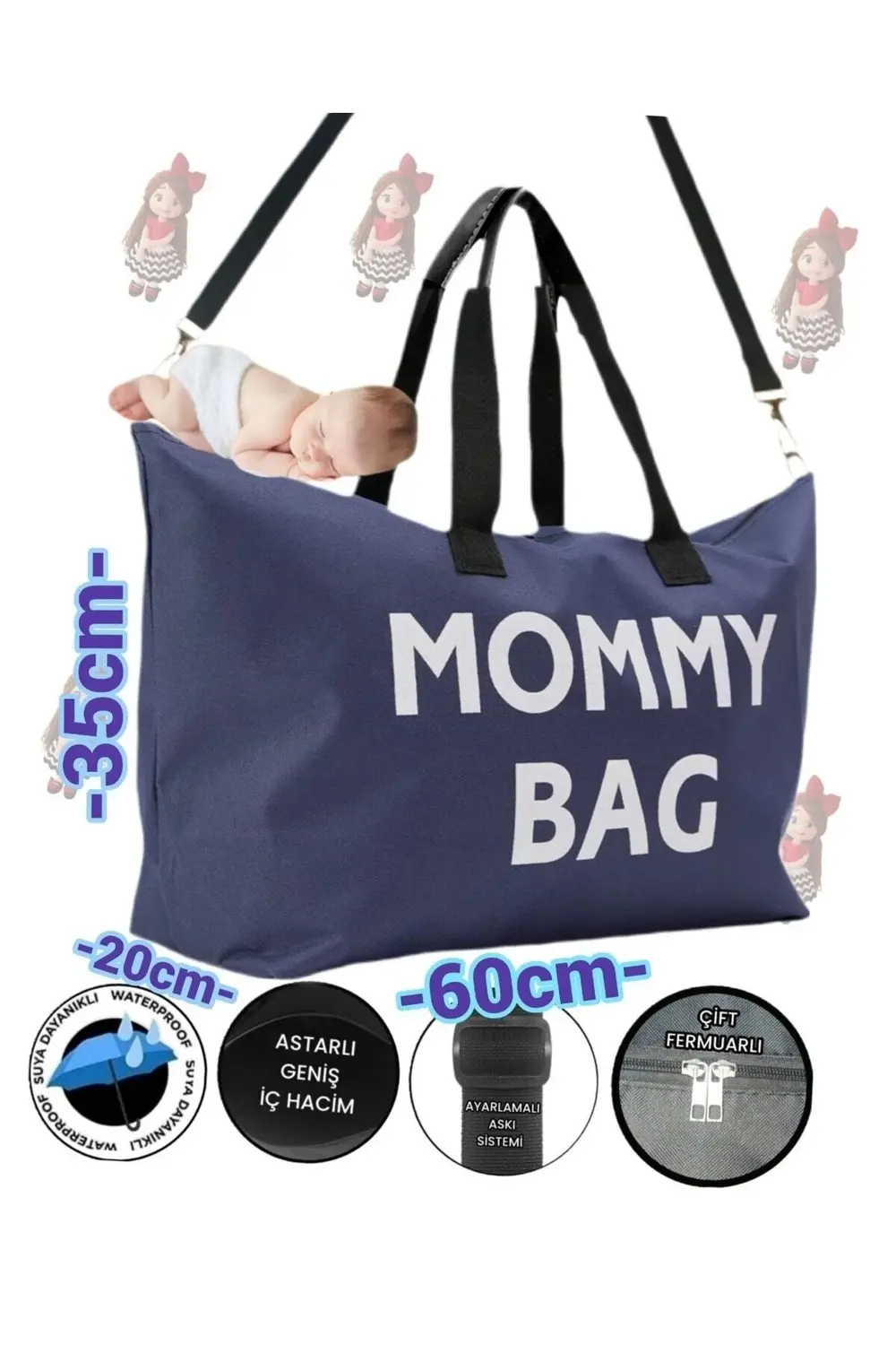 Mommy Bag Baskılı Omuz Askılı Bebek Bakım Çantası Astarlı