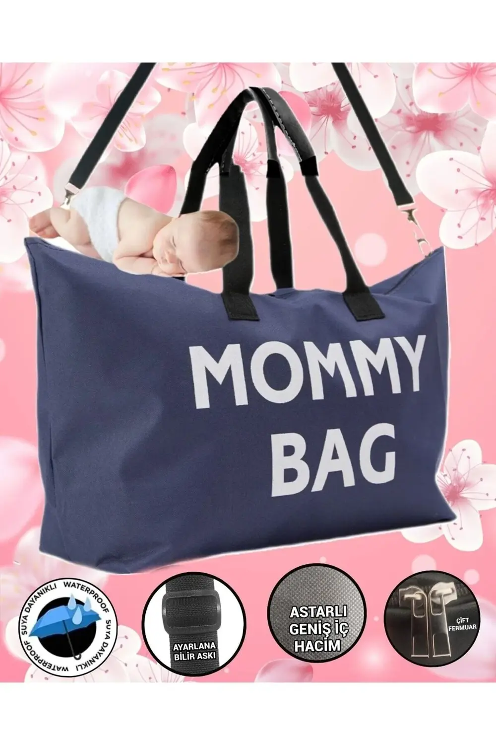 Mommy Bag Baskılı Omuz Askılı Bebek Bakım Çantası Astarlı