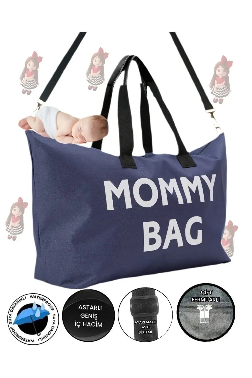 Mommy Bag Baskılı Omuz Askılı Bebek Bakım Çantası Astarlı