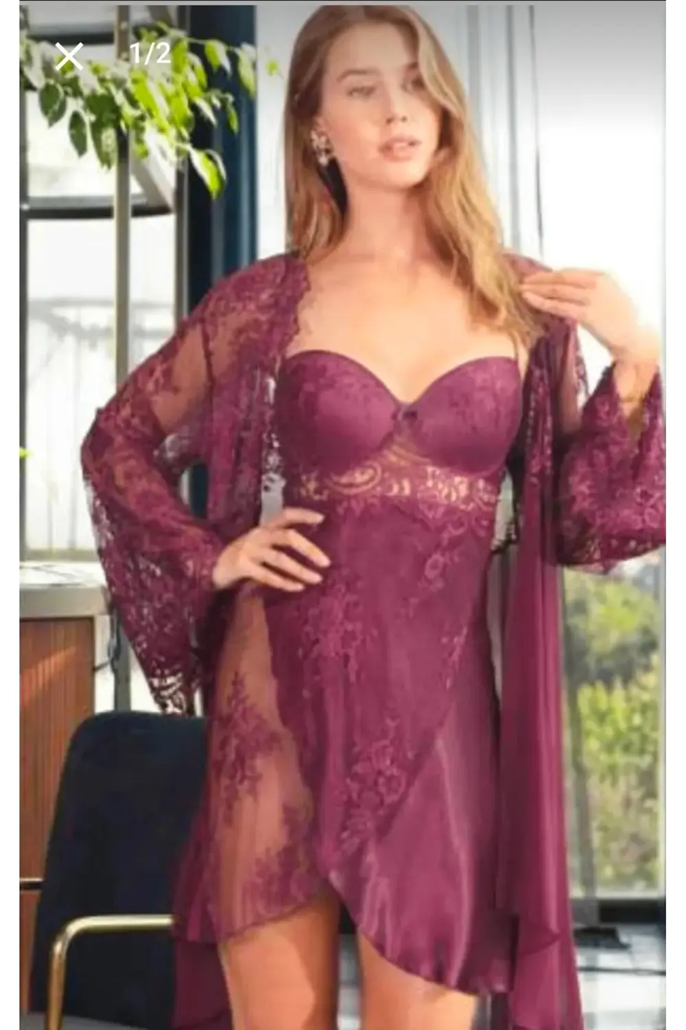 Monalisa Home 5389 Kadın Saten Sabahlıklı Gecelik Takım-mor