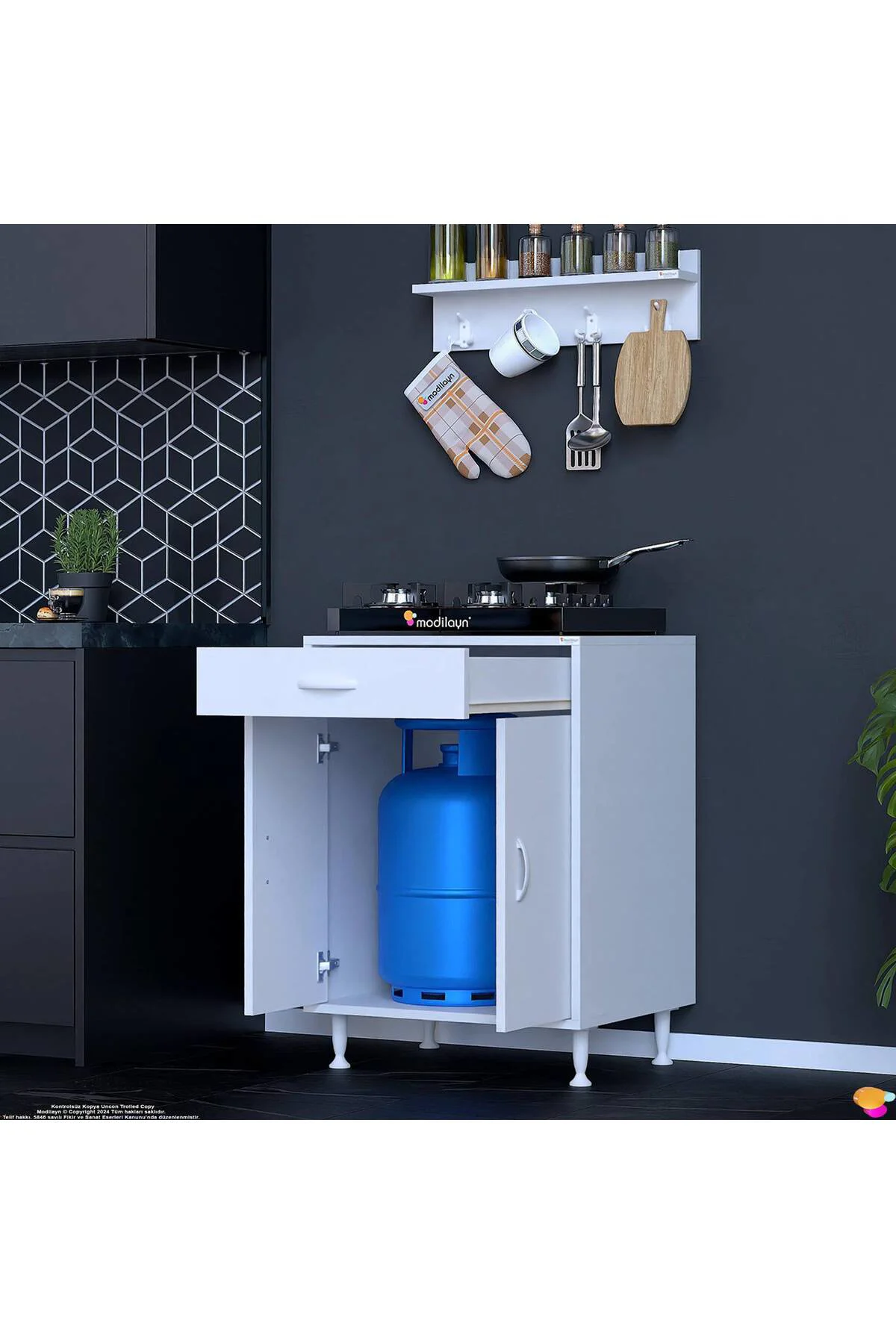 Mono Duvara Monte 60 cm Baharat Raflı Ocak Altı Dolap 60x88x48 cm