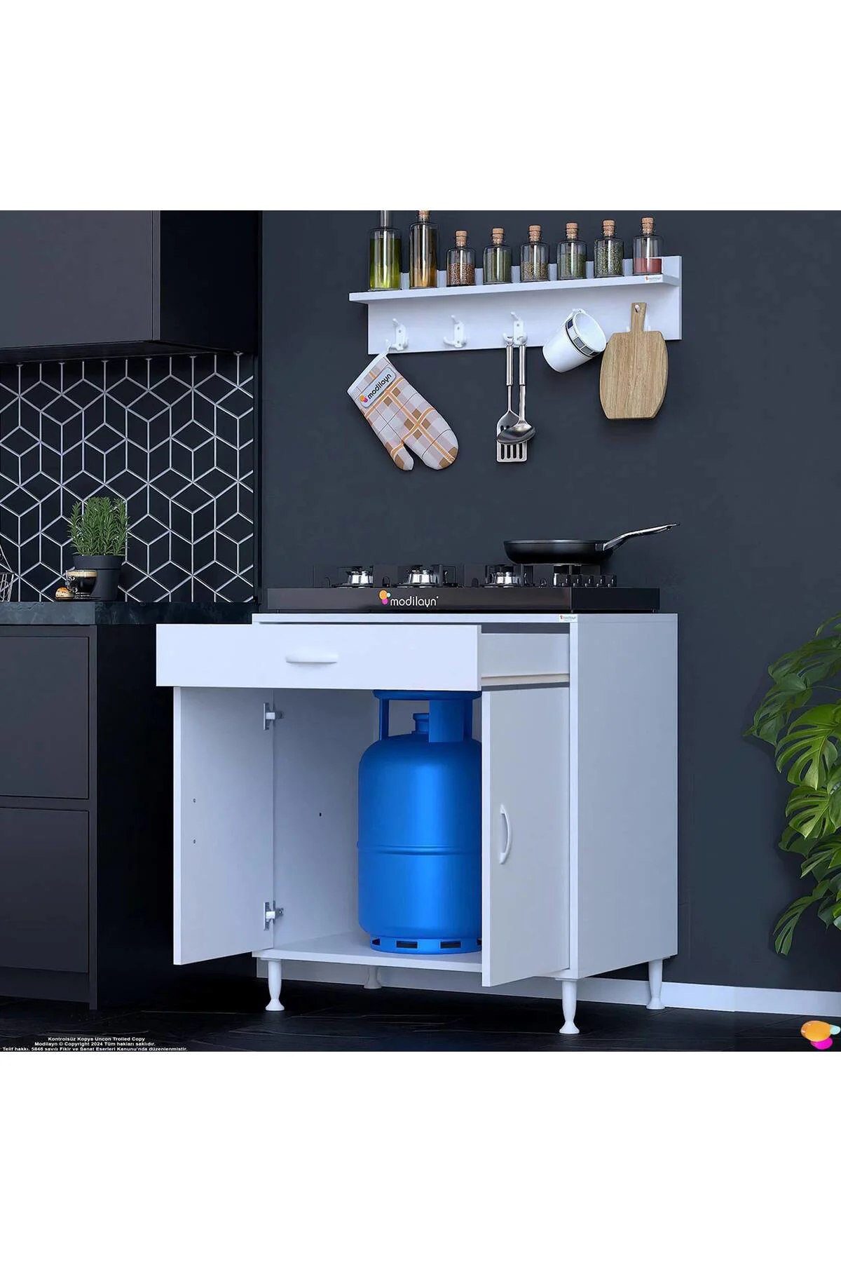 Mono Duvara Monte 80 cm Baharat Raflı Ocak Altı Dolap 80x88x48 cm