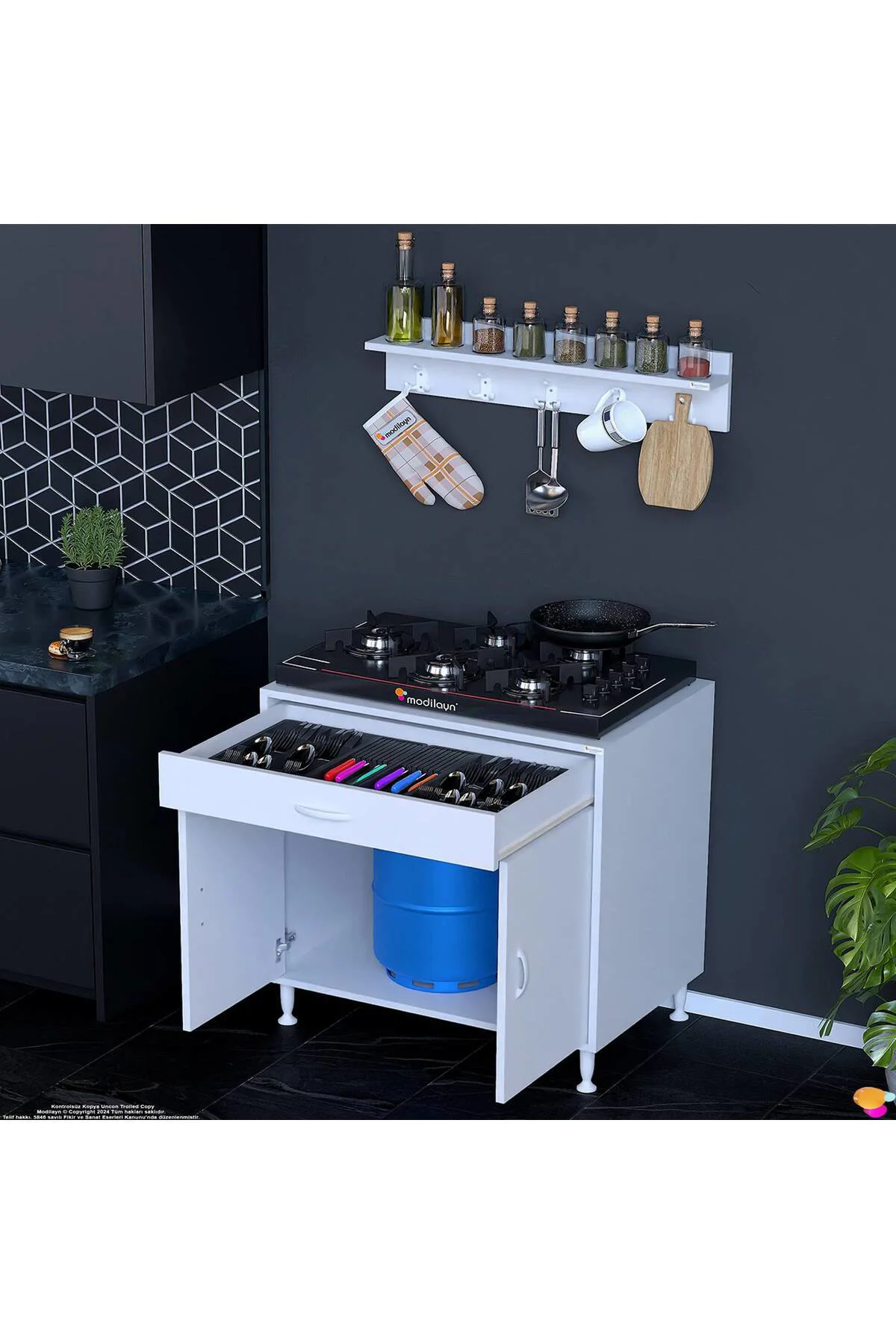 Mono Duvara Monte 80 cm Baharat Raflı Ocak Altı Dolap 80x88x48 cm