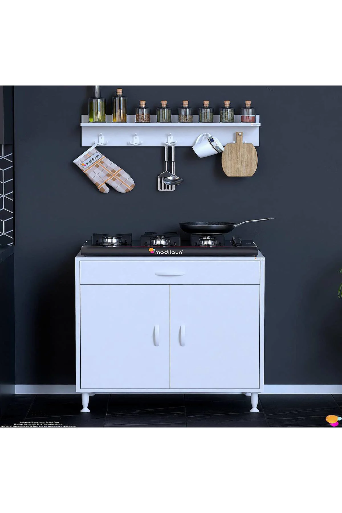 Mono Duvara Monte 80 cm Baharat Raflı Ocak Altı Dolap 80x88x48 cm