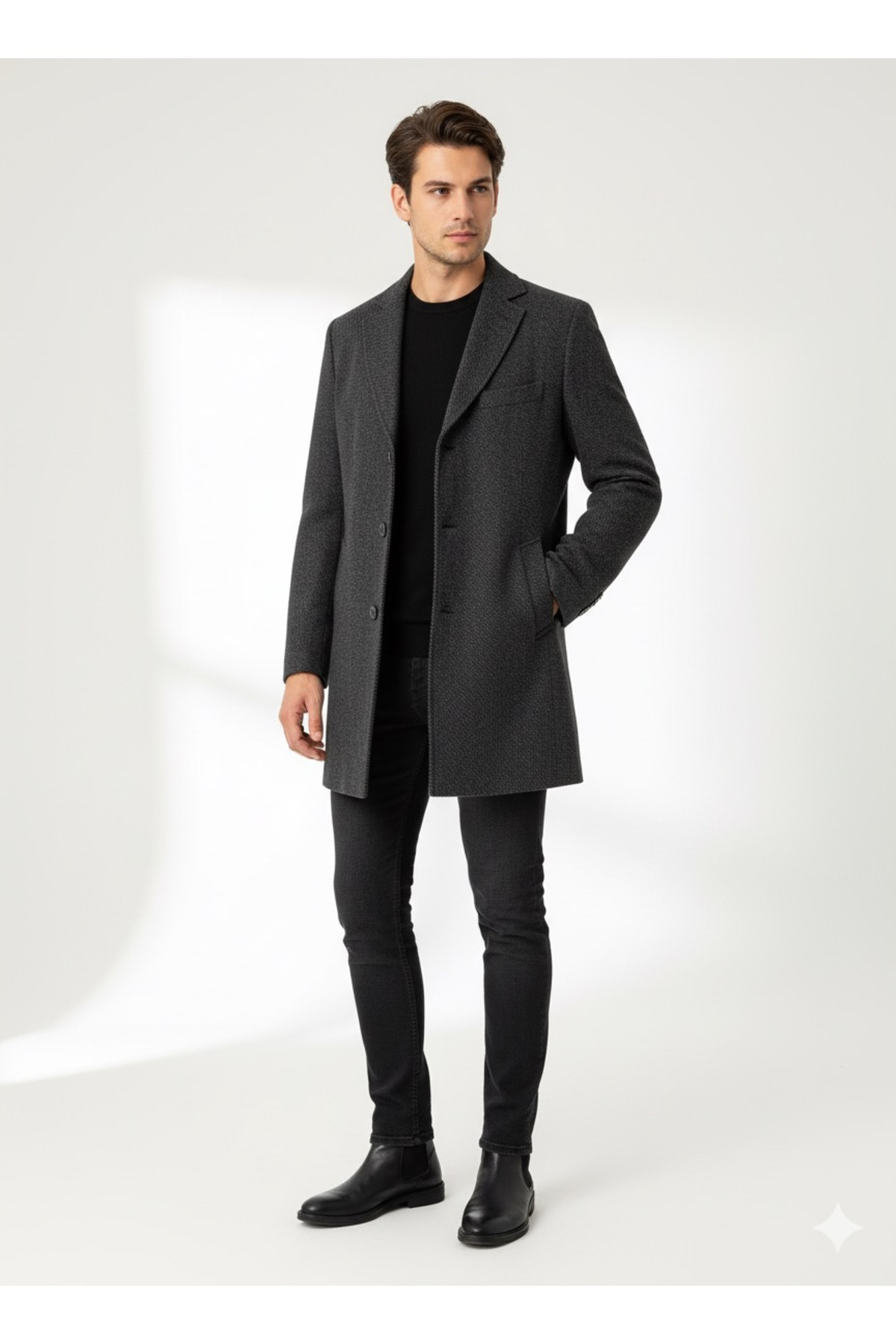 Süvari Mono Yaka Slim Fit Gri Armürlü Erkek Kaban Süvari Mono Yaka Slim Fit Gri Armürlü Erkek Kaban