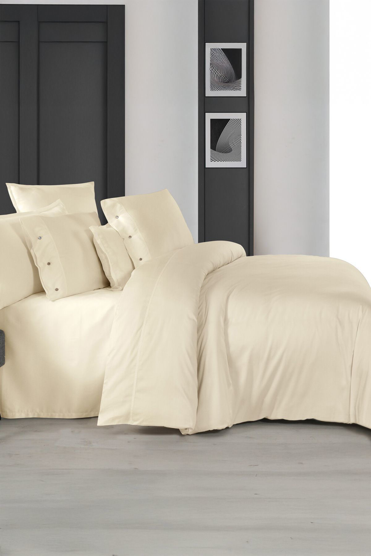 Sarev Monochrome Cream %100 Pamuk Saten King Size Nevresim Takimi