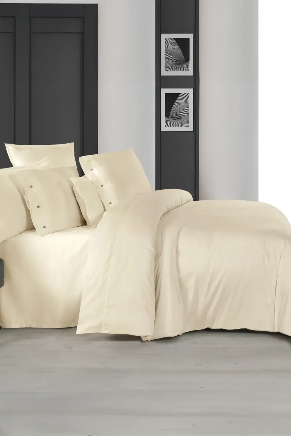 Monochrome Cream %100 Pamuk Saten King Size Nevresim Takımı