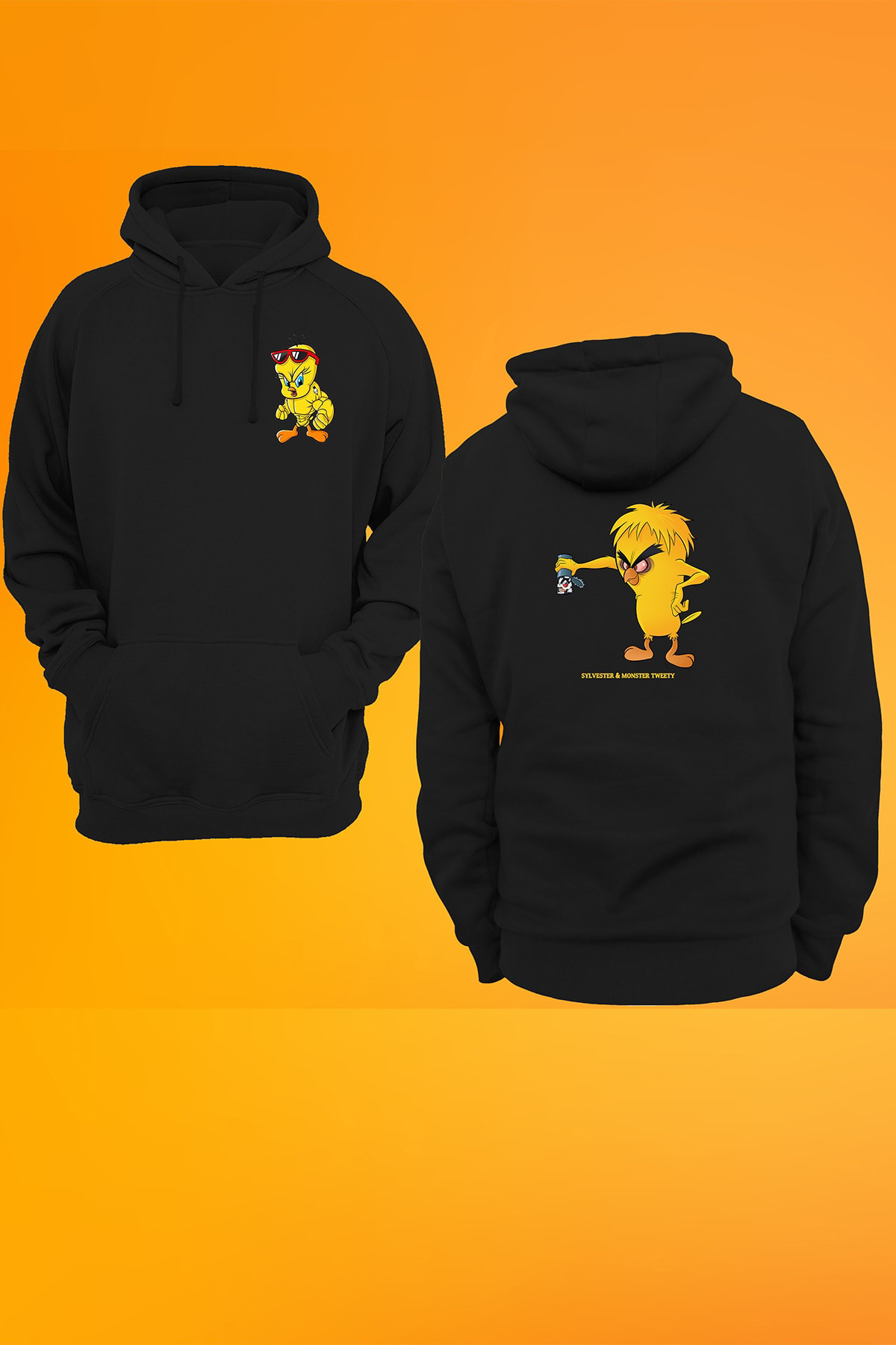 Remonz Monster Tweety Baskılı Fermuarsız Kapüşonlu Sweatshirt