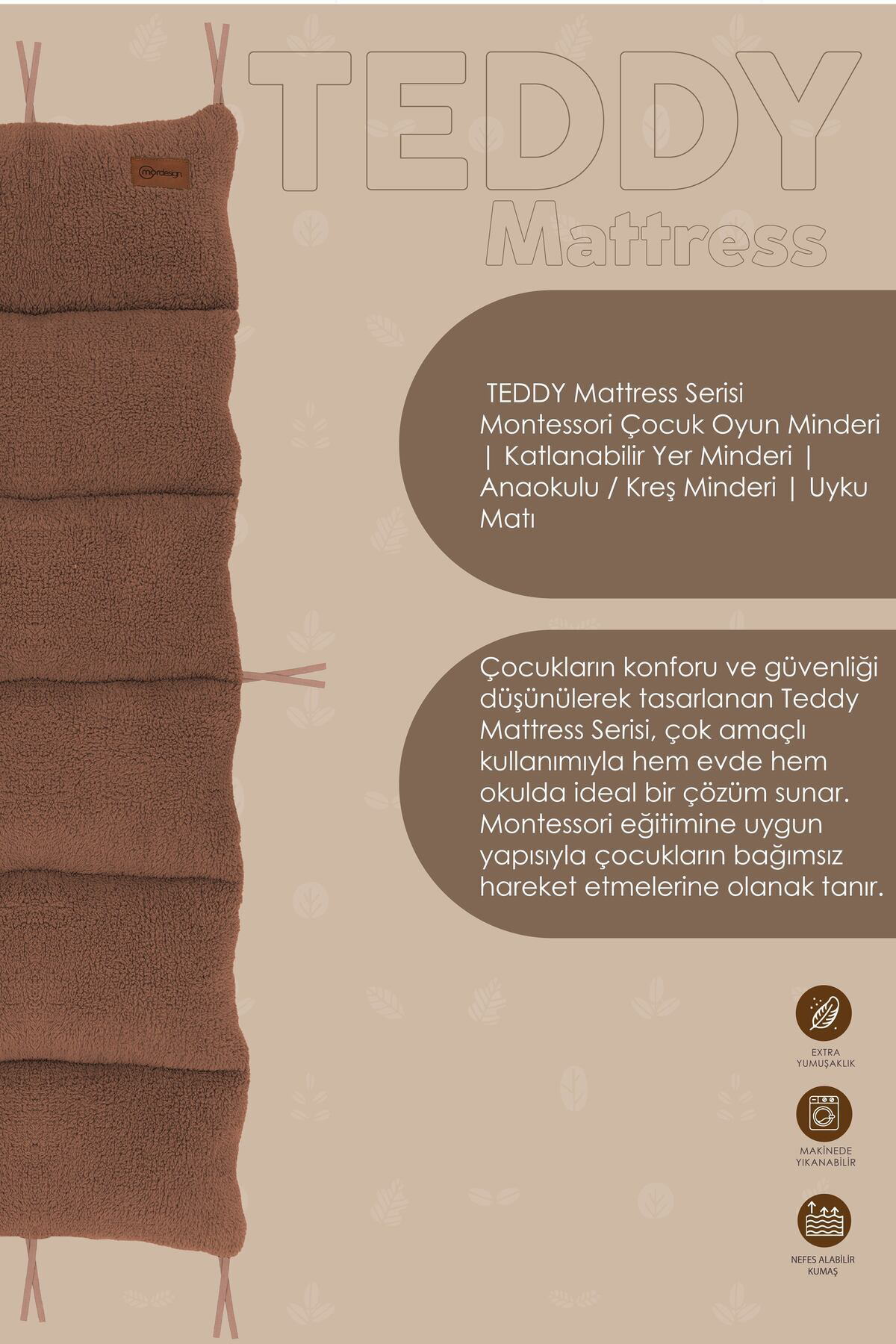 Mordesign Montessori Çocuk Oyun Minderi,Katlanabilir Kreş Yer Minderi, Uyku