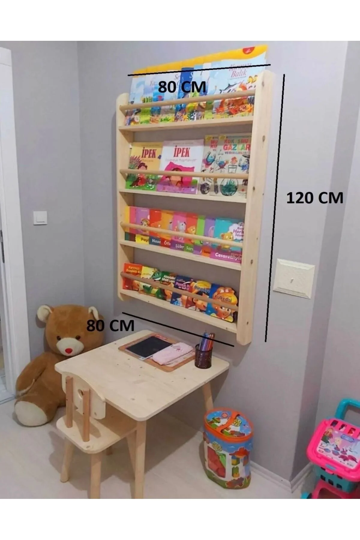Montessori Kitaplık Geniş Model Yuvarlak Çıtalı 120x80x10cm Çocuk