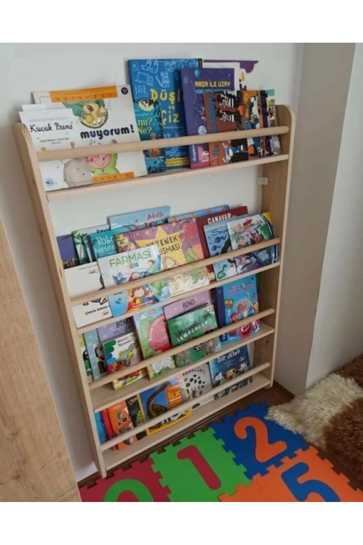 Montessori Kitaplık Geniş Model Yuvarlak Çıtalı 120x80x10cm Çocuk