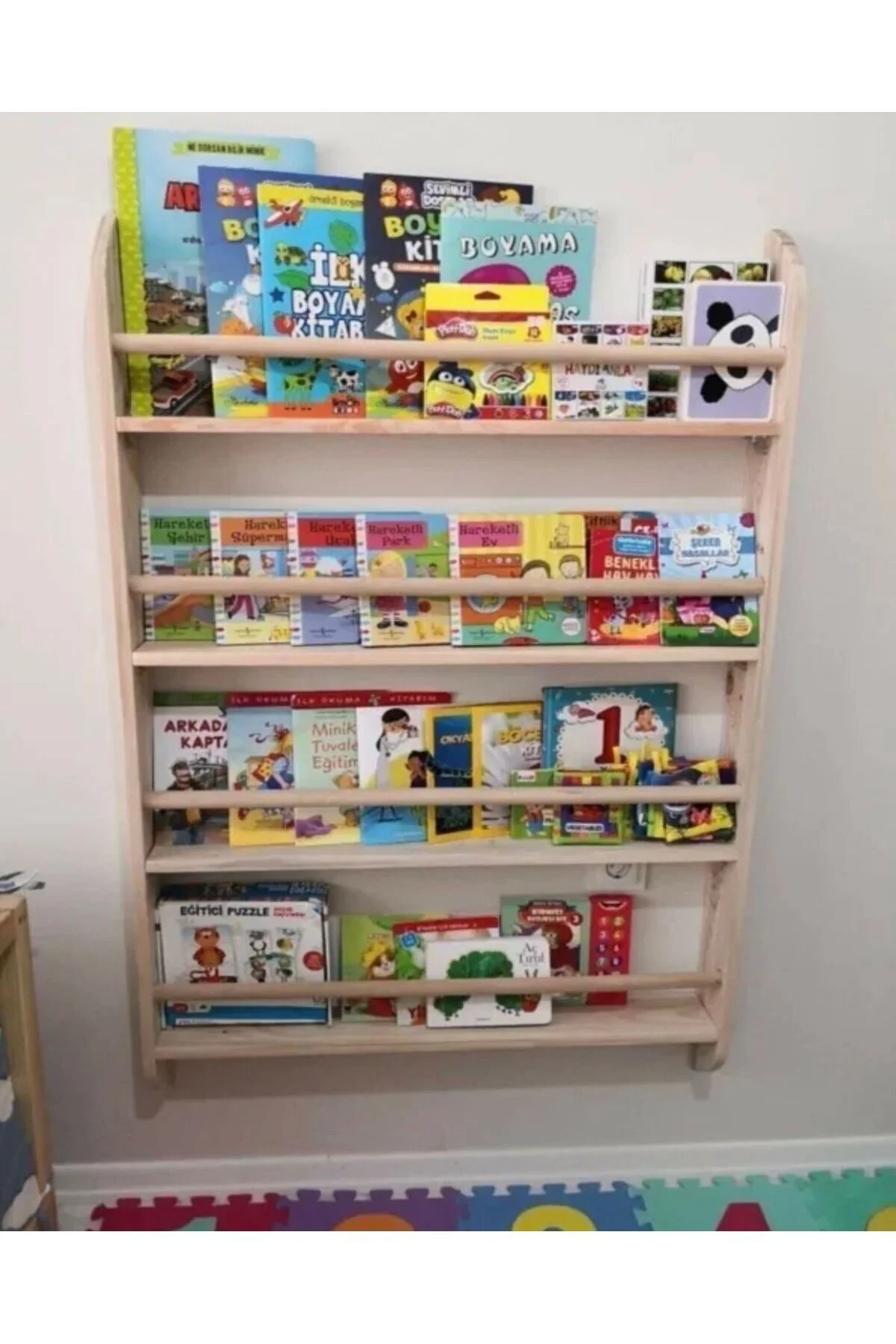 Montessori Kitaplık Geniş Model Yuvarlak Çıtalı 120x80x10cm Çocuk