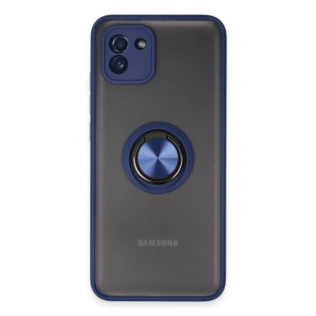 Montreal Yüzüklü Silikon Kılıf - Galaxy A03 Lacivert (Mat, Fingerprint Free, Standlı)