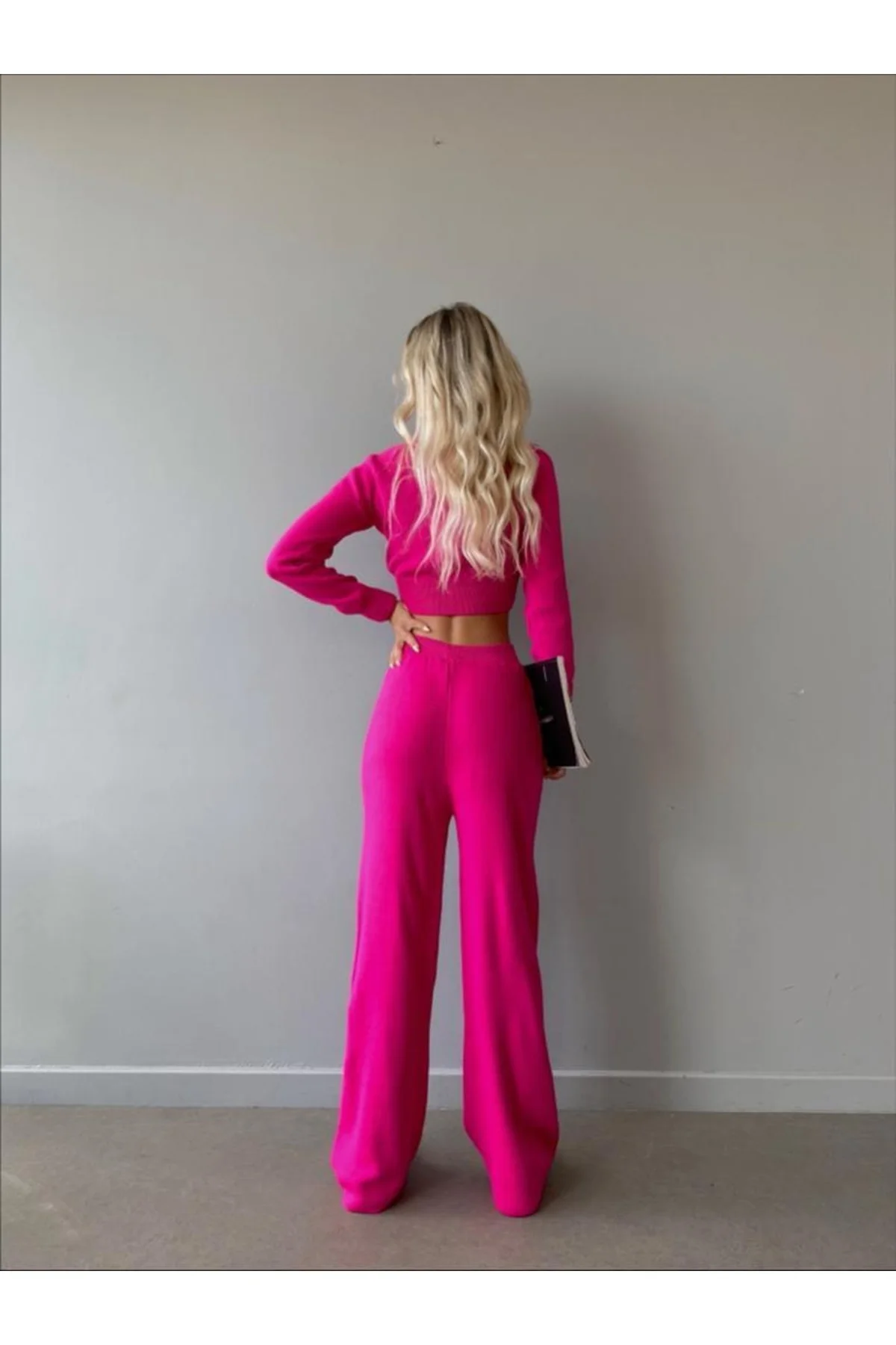 Mooi Butik Dik Yaka Triko Ikili Crowley Takım 1989 - Pembe